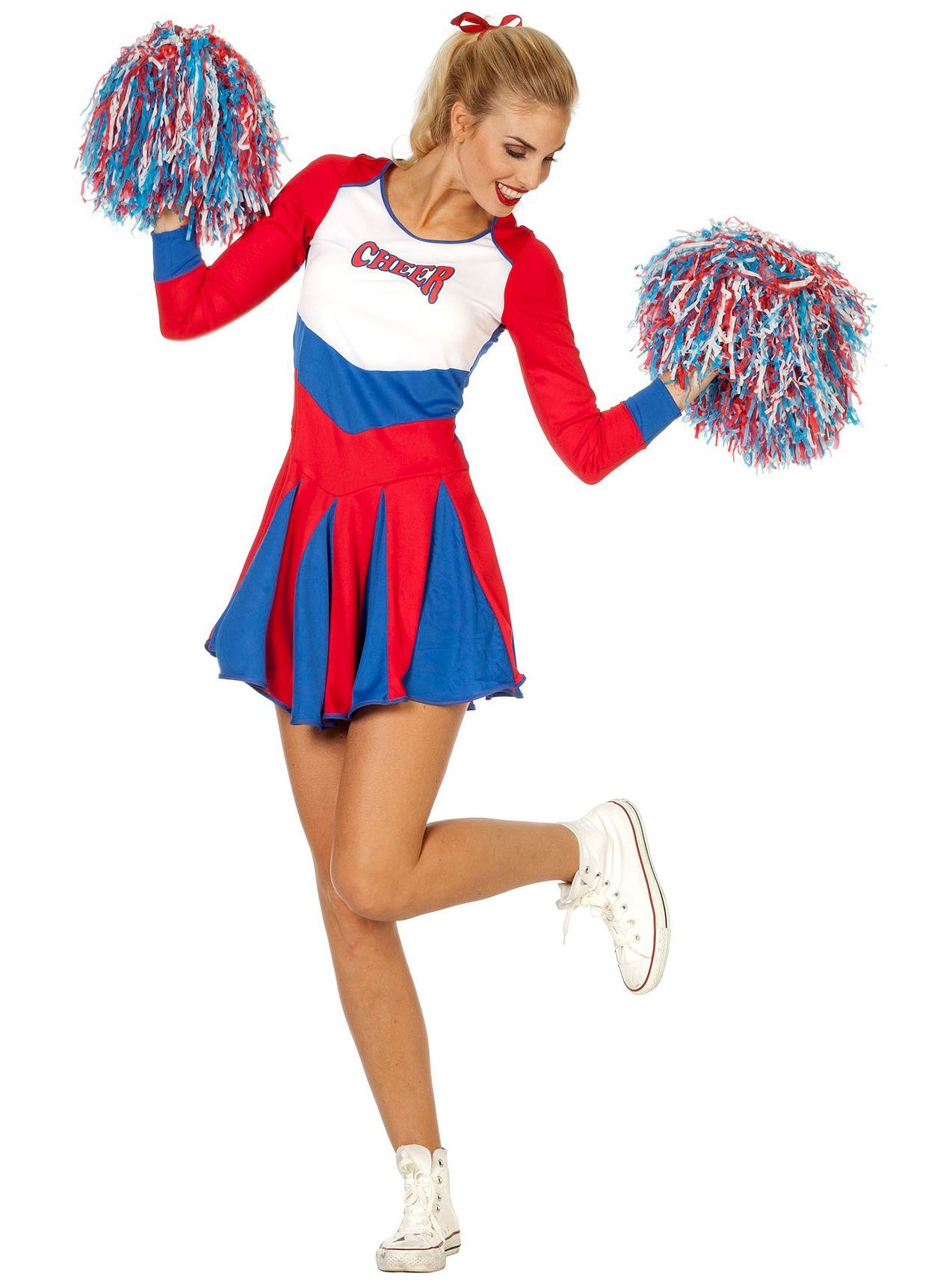 Metamorph Kostüm Cheerleaderin rot-blau, Langärmeliges Cheerleaderkleid zum Jubeln