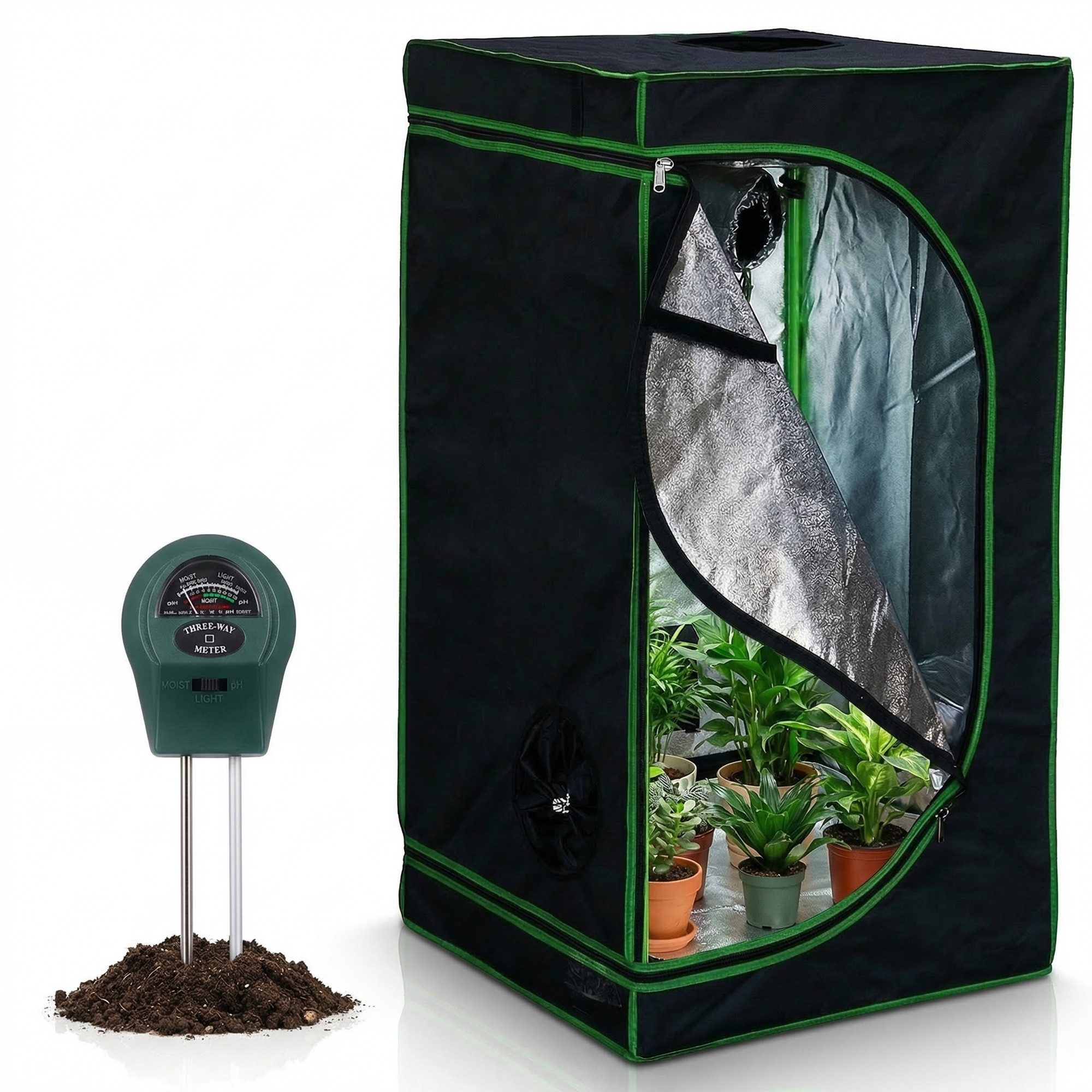 Mucola Gewächshaus Growbox Indoor Gewächshaus Pflanzenzelt Zuchtzelt Growroom Darkroom, Stück, inkl. 3 in 1 Feuchtigkeitsmessgerät für Pflanzen