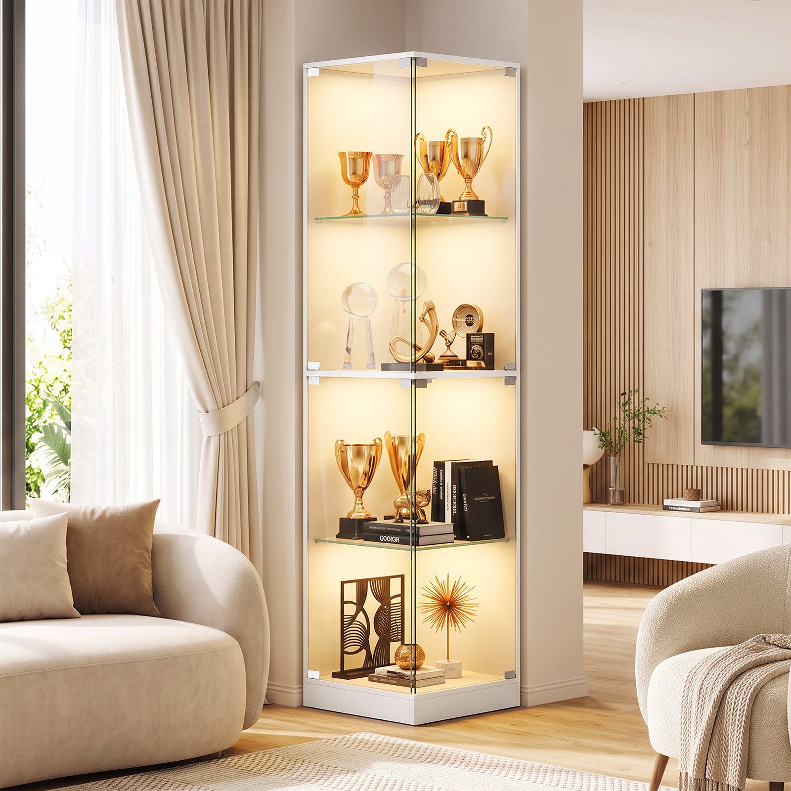 SVEYLXA Eckvitrine Vitrinenschrank mit LED, Glastüren (1-St) 38×38×160, schwarz/weiß