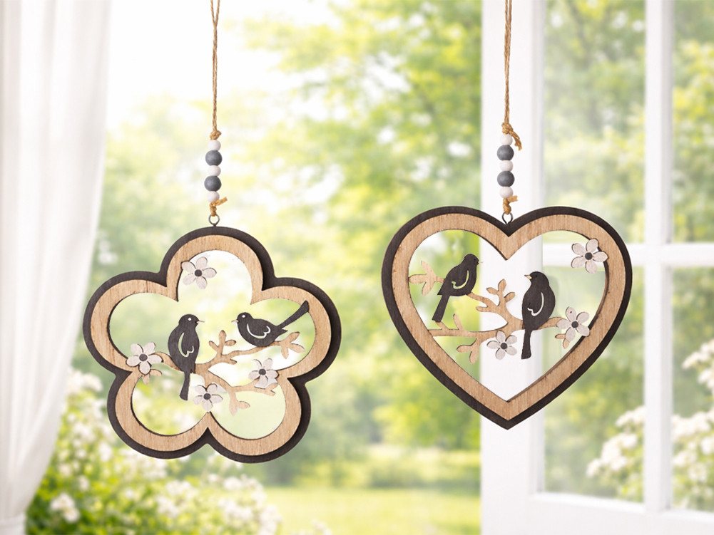 LB H&F Lilienburg Dekohänger 2er SET Anhänger Frühling Ostern Dekohänger Holz Herz Deko zum Hängen (Dekohänger Hänger Herzhänger Herzanhänger modern Anhänger Wandhänger Herbstdeko Dekoration Frühlingsdeko Fensterdeko Türherz Anhänger Blume Vogel Vögel Hol
