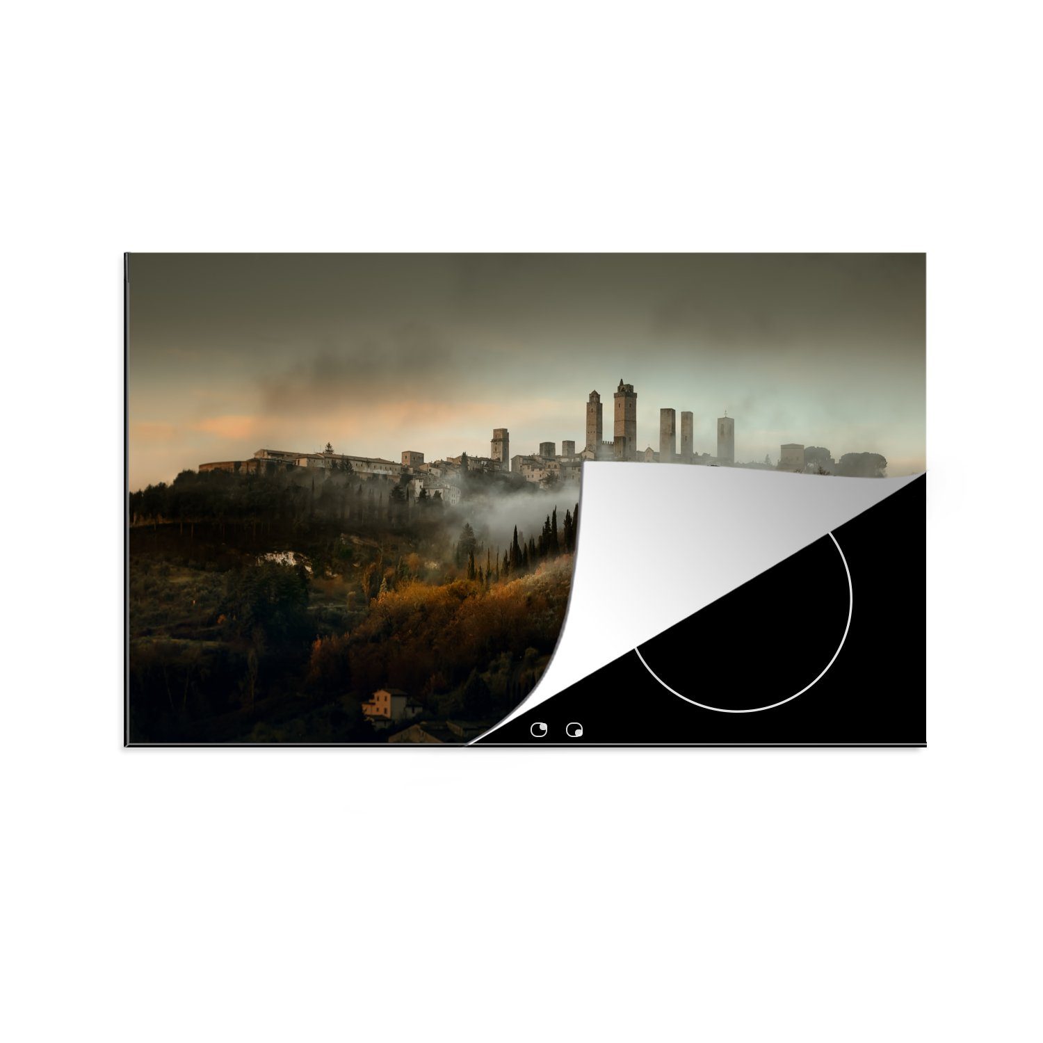 MuchoWow Herdblende-/Abdeckplatte Blick auf das neblige San Gimignano in Italien, Vinyl, (1 tlg), 83x51 cm, Ceranfeldabdeckung, Arbeitsplatte für küche