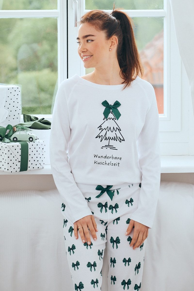 Louis & Louisa Schlafanzug Pyjama Damen - WUNDERBARE KUSCHELZEIT - weiß/grün