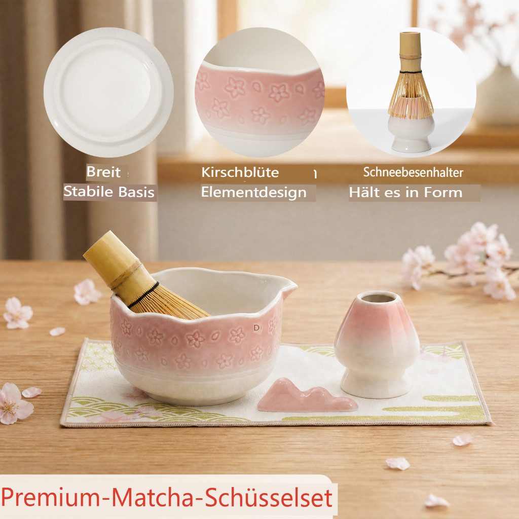 VONATES Teeservice 9tlg. Matcha Set mit Matcha-Schale, Bambus-Besener & Halter, Sieb, Löffel, Tuch, Eisform, aus Bambus und Keramik für Teezeremonie – Bild 2 von 5