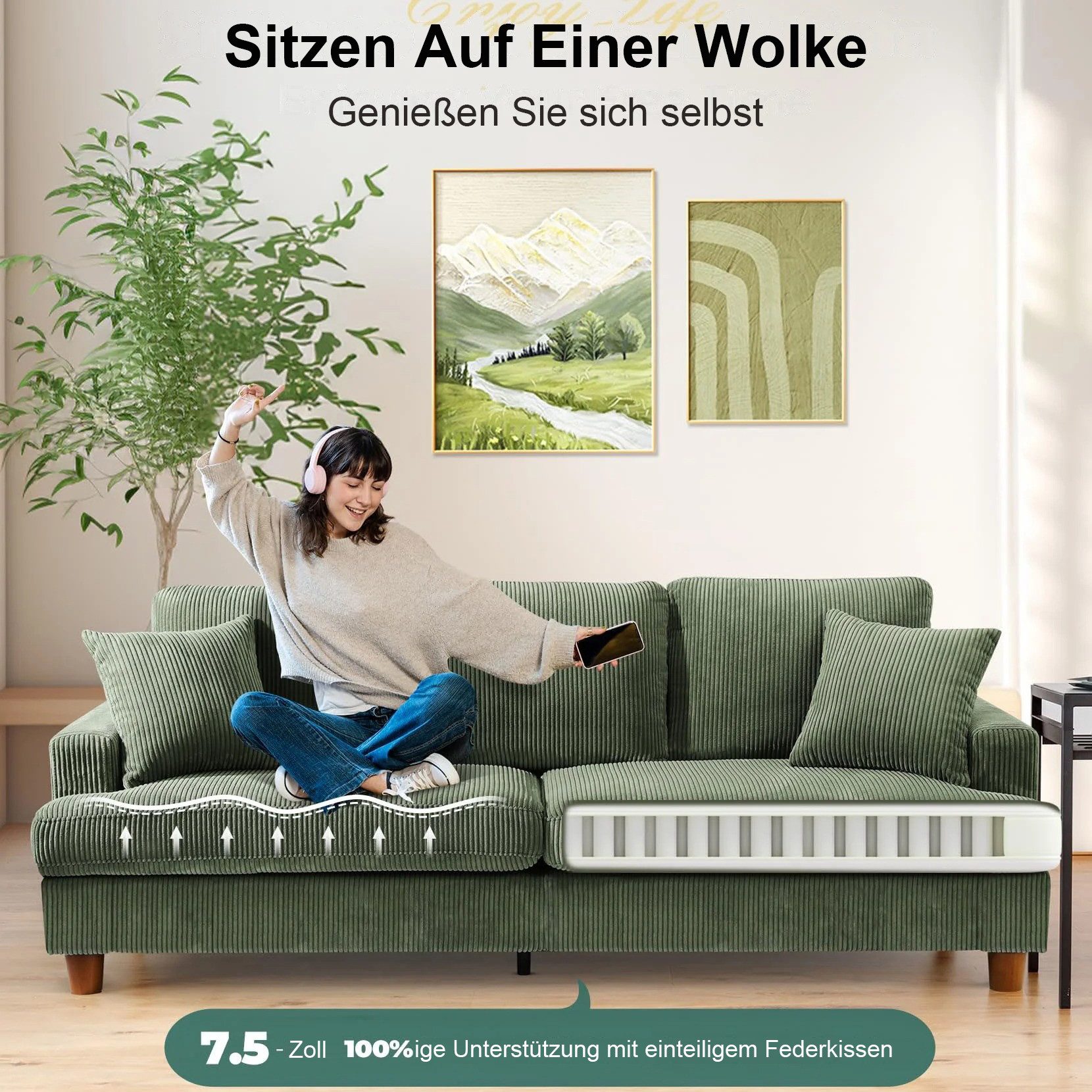 ToteBox 3-Sitzer Bequeme Cord Loveseat Sofa mit Federkissen für Wohnzimmer, Büro Couch