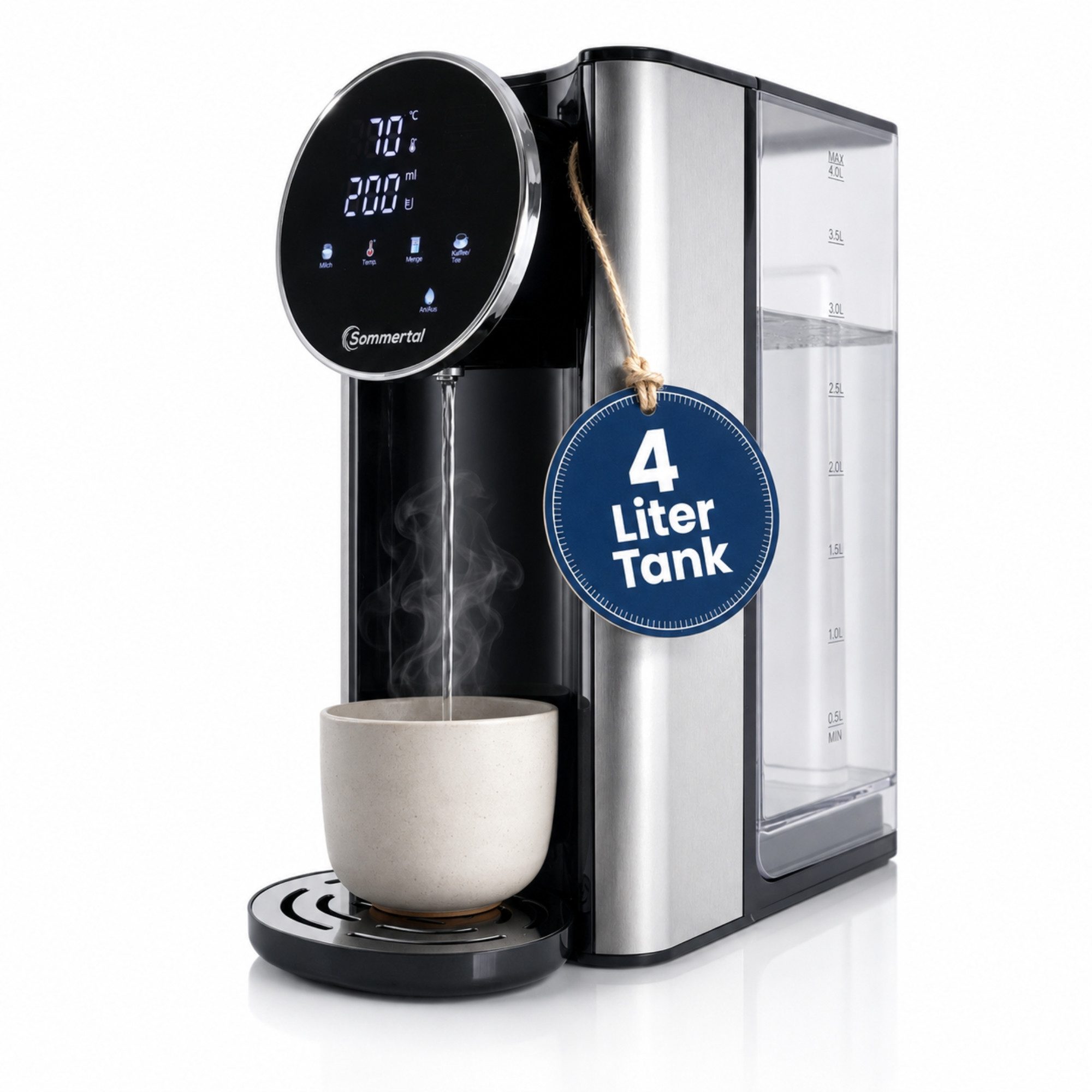 Sommertal Heißwasserspender Sommertal HW400 Heißwasserspender Businessline mit abnehmbaren 4L Tank, 4 l, instant heißes Wasser 45-100°C, Touchdisplay, Babynahrung, kompakt