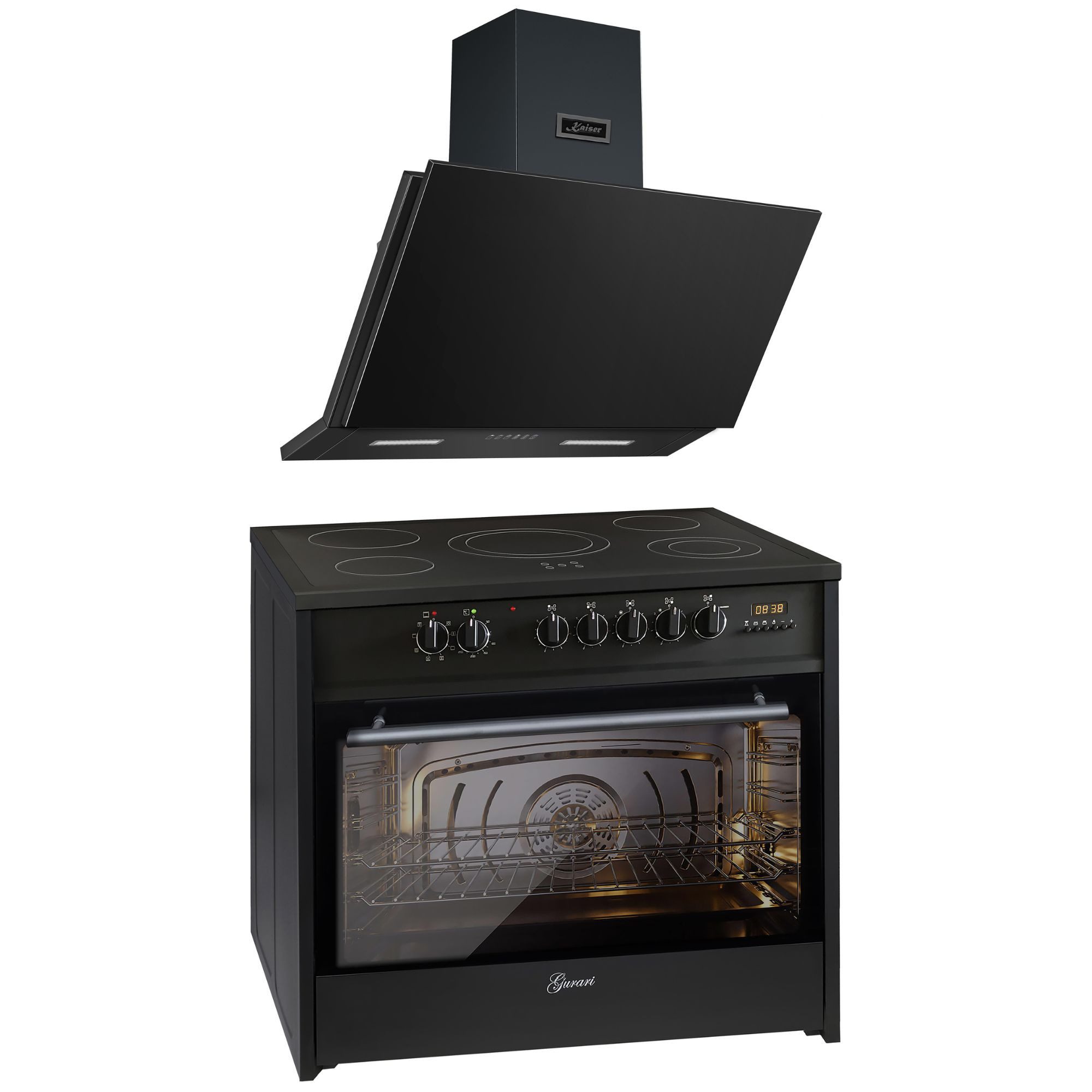 GURARI Elektro-Standherd 90 cm Herd Freistehend XXL Backofen 121 L, 5 Hi-Light Zonen, Schwarz +Dunstabzugshaube 90cm 1250m³/h Schwarzes Metall GCH E 912 BL+AT 9455 NS, mit 1-fach-Teleskopauszug