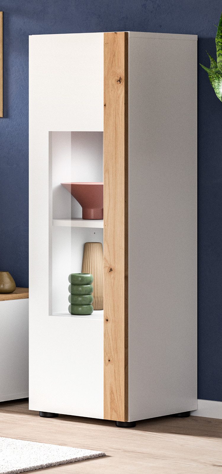 Inn.Furn Hängevitrine Siena (Vitrine in weiß mit Eiche, hängend / stehend, 30 x 112 cm) mit Push-To-Open-Funktion