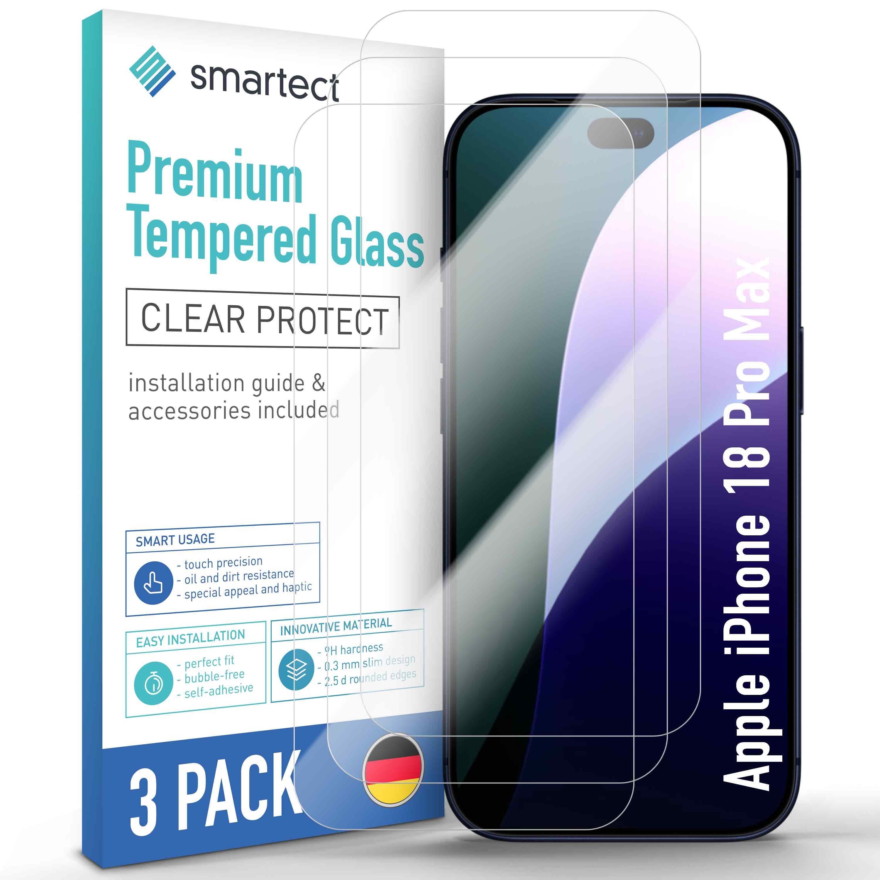 smartect Displayschutzglas 3X Schutzglas Panzerfolie Klar für Apple iPhone 18 Pro Max für Apple iPhone 18 Pro Max, Set, 3 Stück, 0.3 mm Ultra-klar, 9H Härte, Kratzfest, Stoßfest, Blasenfrei, Oleophob