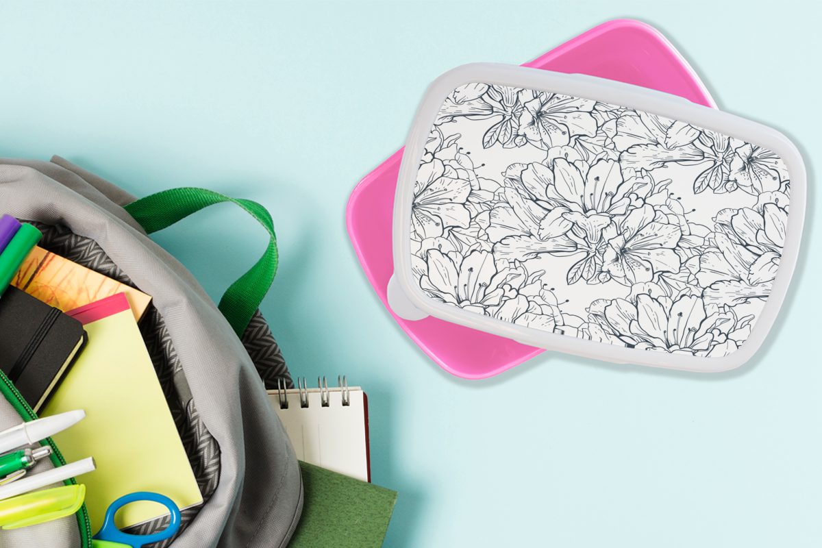 Blumen Brotbox Linie, - Erwachsene, Mädchen, für Brotdose MuchoWow - rosa Kunststoff (2-tlg), Muster Snackbox, Kunststoff, Lunchbox Kinder,