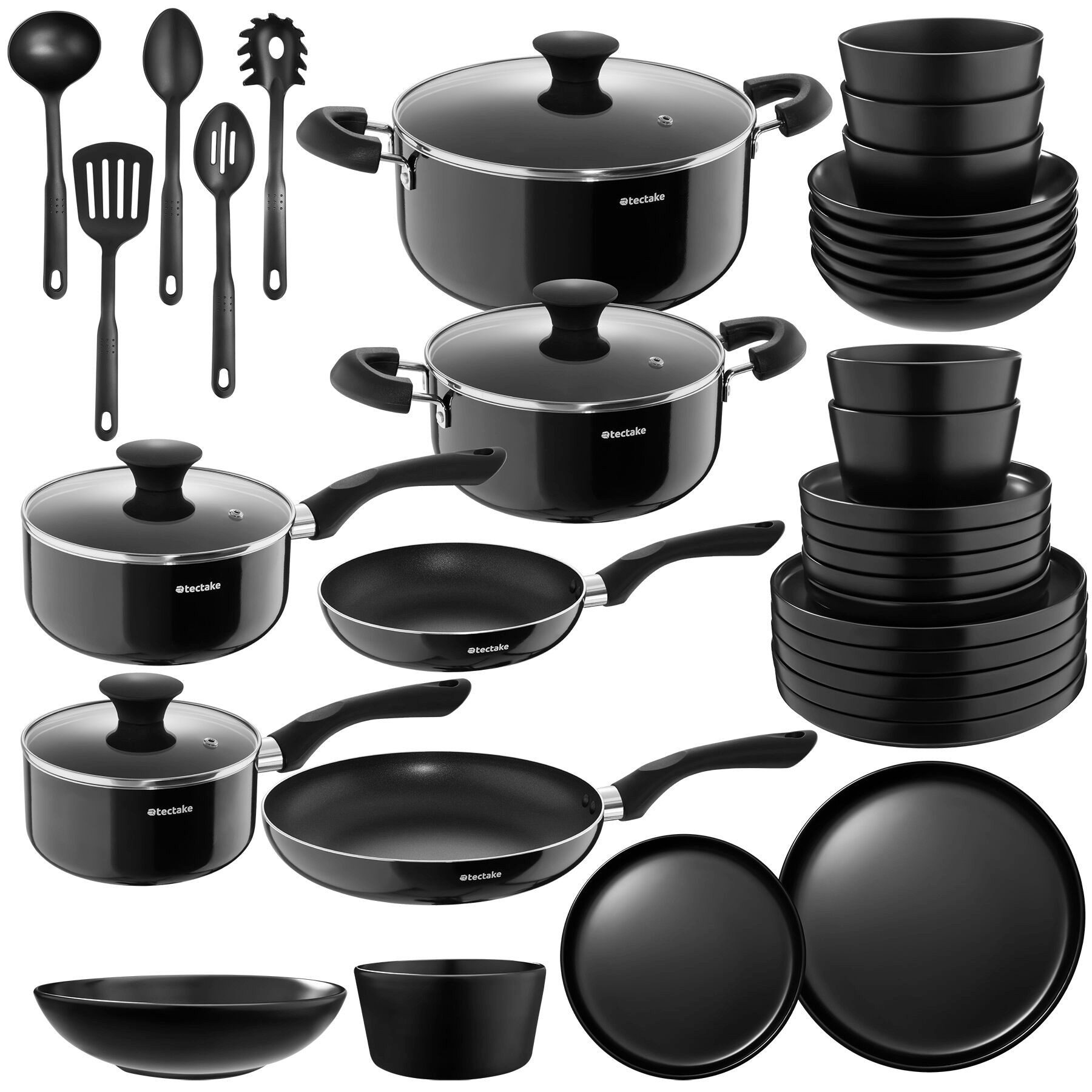 tectake Kochbesteck-Set Küchenstarter-Set für 6 Personen inkl. Geschirr & Кастрюлиn (39-tlg), Geschirrset aus Steingut, mit Glasur