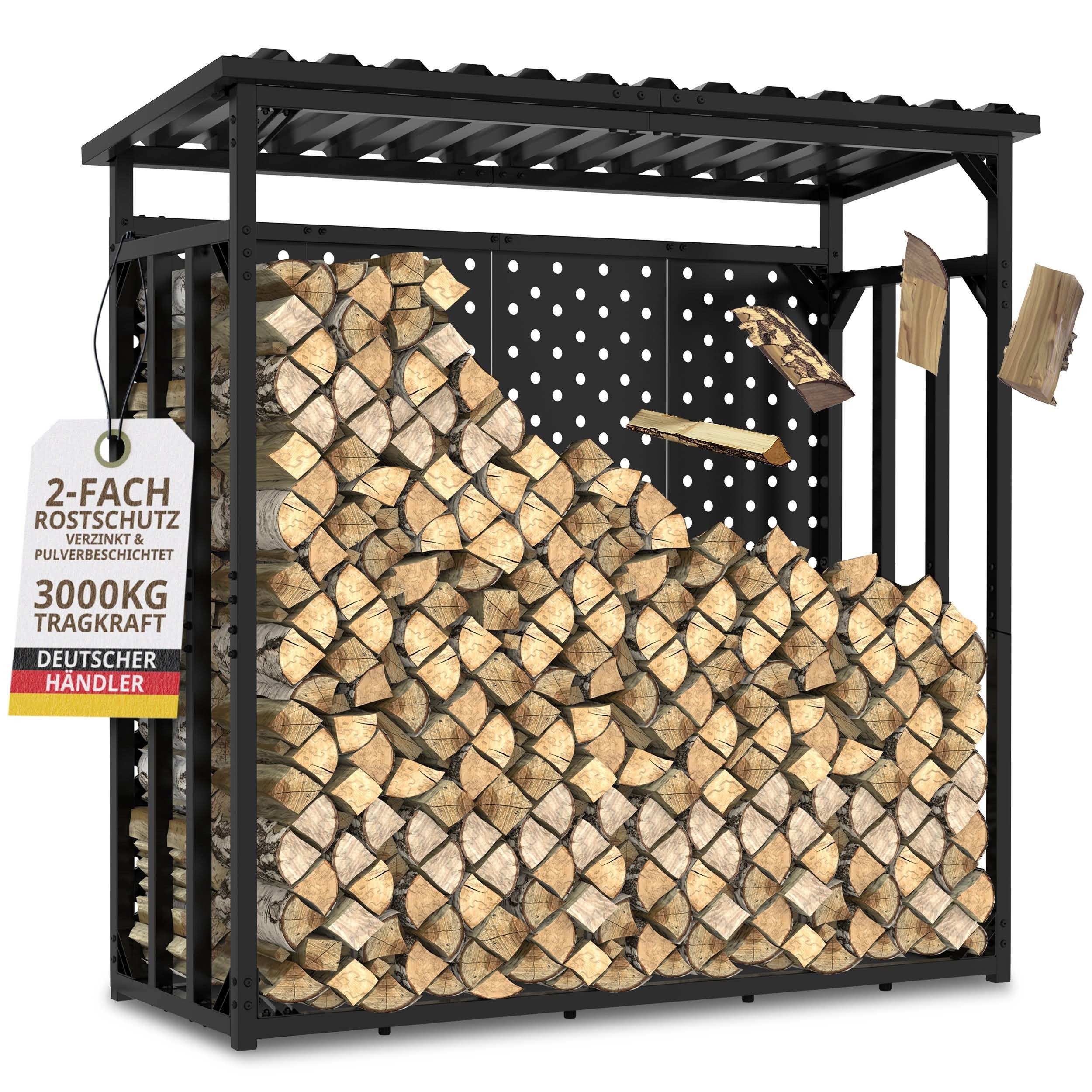 LAWA Living and Lifestyle Kaminholzregal außen mit Rückwand Brennholzregal Metall Stapelhilfe verzinkt, BxTxH:186x88x187 cm, Feuerholz Regal mit Dach, Kaminholzlager Outdoor, Kaminholz Unterstand