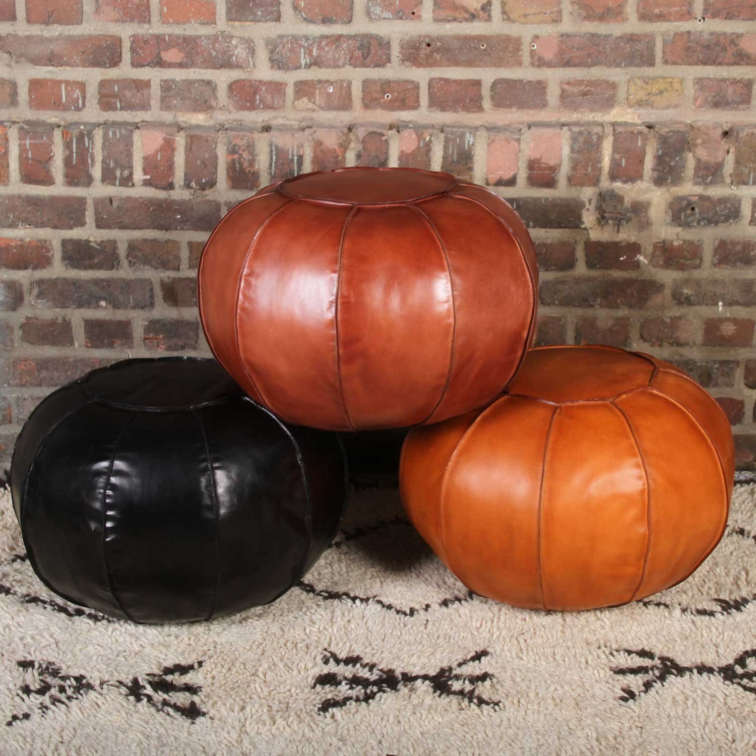 Casa Moro Pouf Ledersitzkissen Nishay schwarz mit Füllung Ø 52cm (Höhe 36cm Polsterhocker rund, Sitz-Pouf moderner Fußhocker), Sitzhocker Handgefertigt HH3315