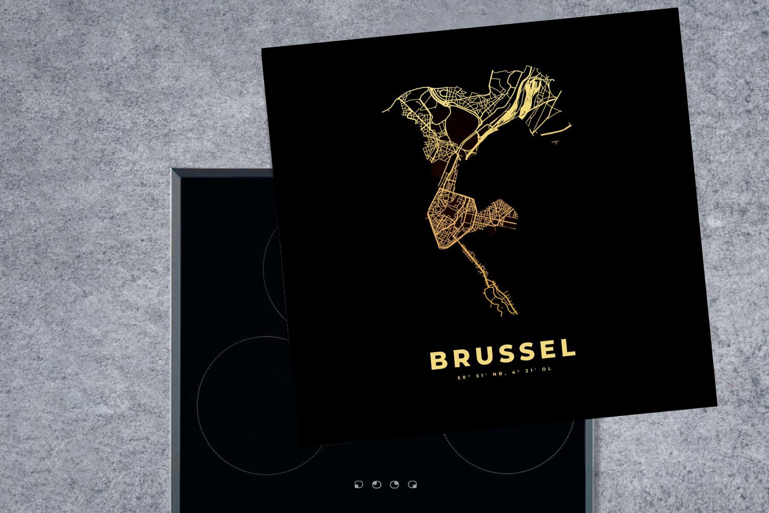 78x78 Karte, Brüssel (1 tlg), - MuchoWow Ceranfeldabdeckung, Belgien Stadtplan für - Vinyl, - Herdblende-/Abdeckplatte küche cm, Gold - Arbeitsplatte