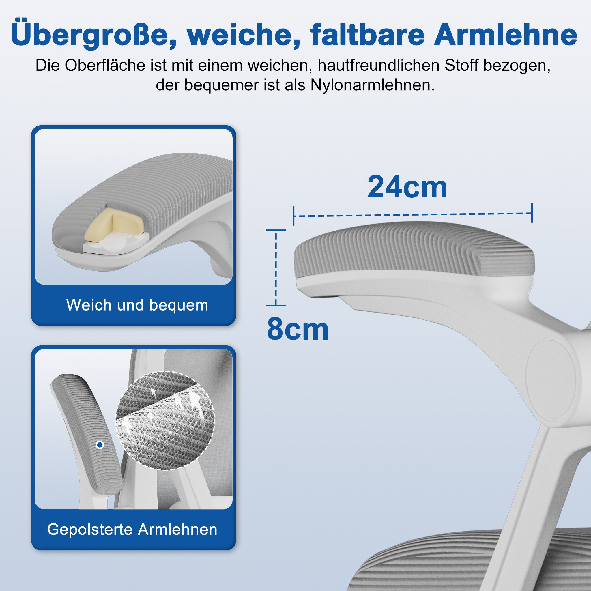 Adormii Bürostuhl Ergonomischer Bürostuhl mit klappbaren Armlehnen und Rückenlehnen (Drehstuhl mit Drehbare, höhenverstellbarer Kopfstütze, geräuscharme Rollen, – Bild 4 von 5