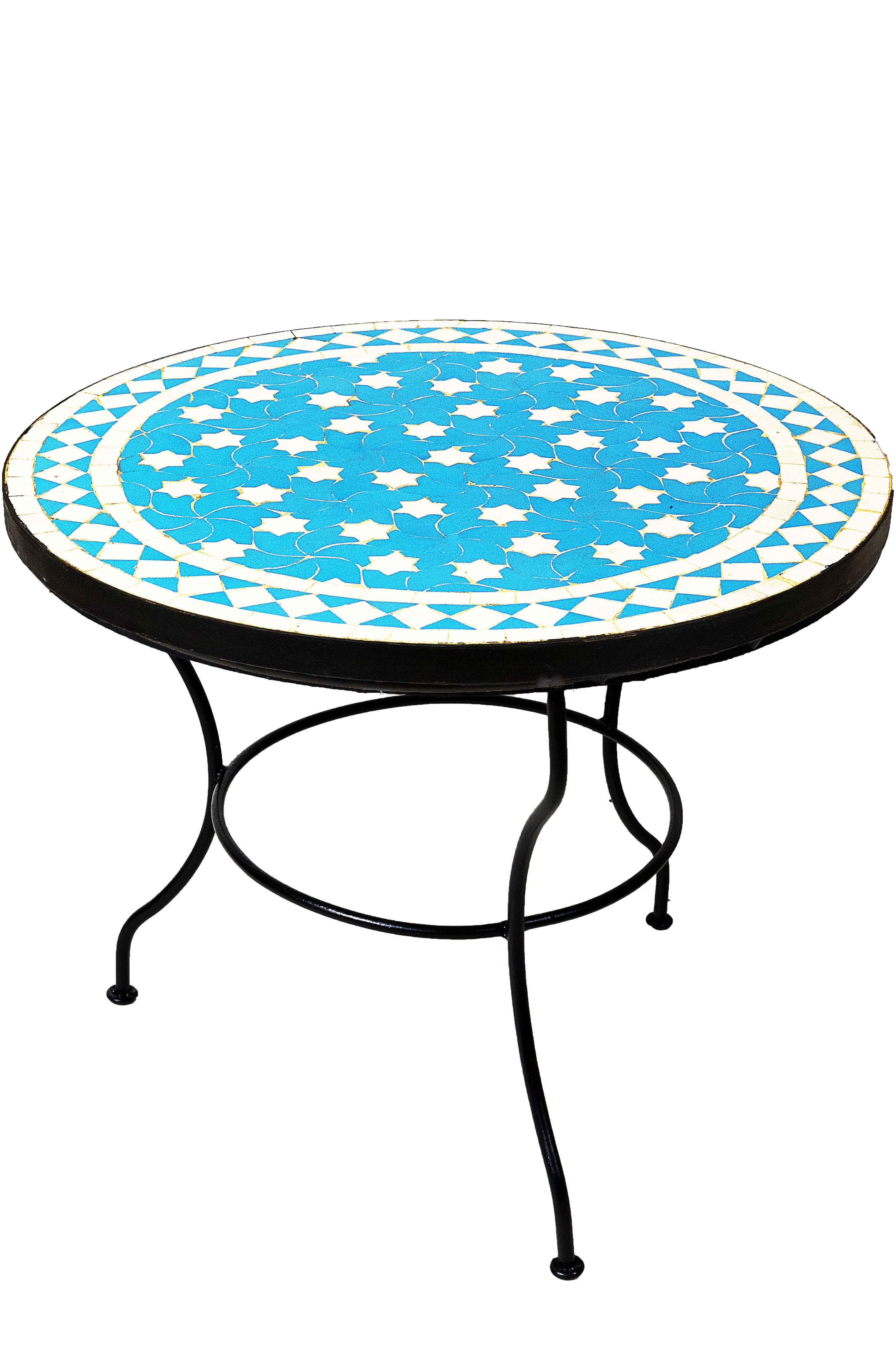 Marrakesch Orient & Mediterran Interior Gartentisch Marokkanischer Mosaiktisch Estrella aus Mosaik und Eisen 60 cm Rund, Handarbeit