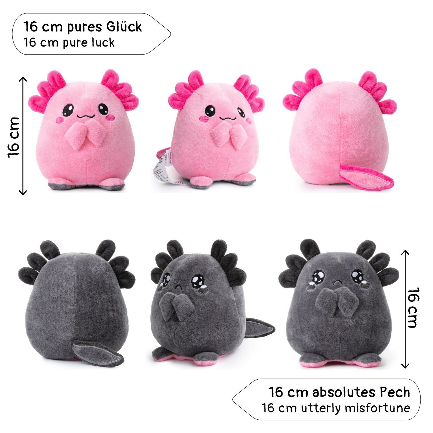 Corimori Kuscheltier Stimmungskuscheltier, 16cm Plüschtier zum Wenden, Einhorn oder Axolotl (Packung, Geschenk), Axolotl 18cm Reversible, Wendeplüschtier, Mood, Geschenkidee