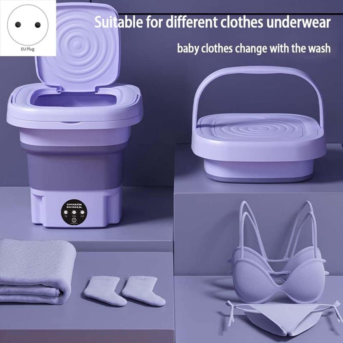 Lila 8L Wäscheschleuder Waschmaschine Waschmaschine, Waschmaschine Mini für Babykleidung Schleuderautomat Camping mit Faltbare autolock