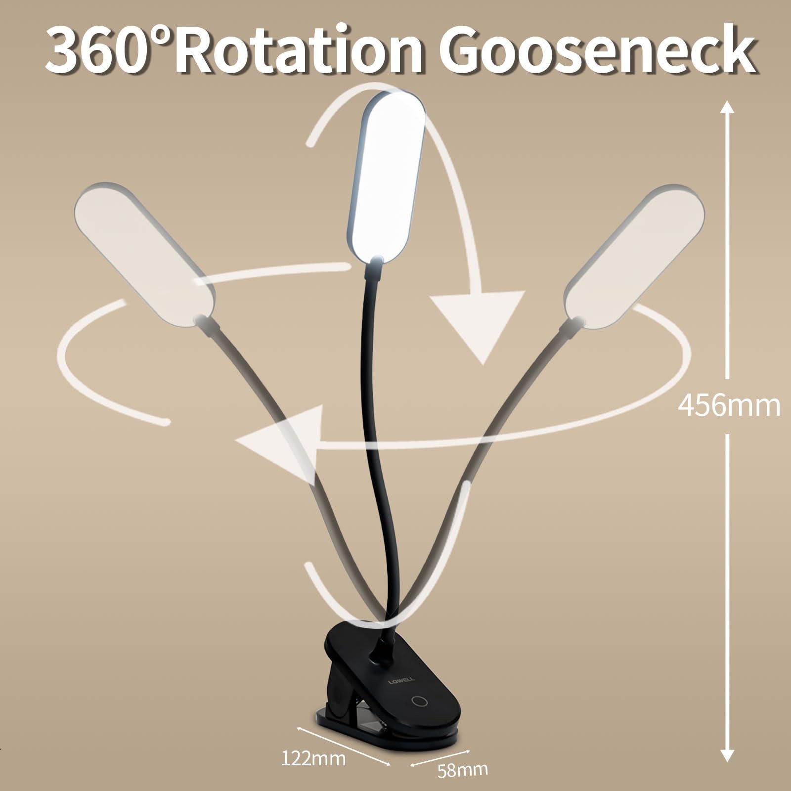 LQWELL LED Leselampe Leselampe Bett, Clip-On,3 Helligkeitsstufen,dimmbar, Leselampe Buch, LED fest integriert, Warmweiß, Naturweiß, Kaltweiß, 360° Flexible Klemme Schreibtischlampe für Heimbüro