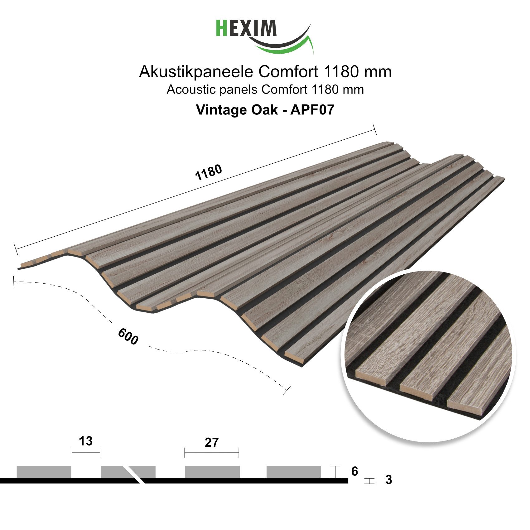 Hexim Wanddekoobjekt APF07 (Akustikpaneele 118x60cm Holz Comfort - flexible Holzpaneele Platten Lamellenwand MDF Wandpaneele Lamellenverkleidung Wandverkleidung schalldämmend 0.71m² Vintage Oak)