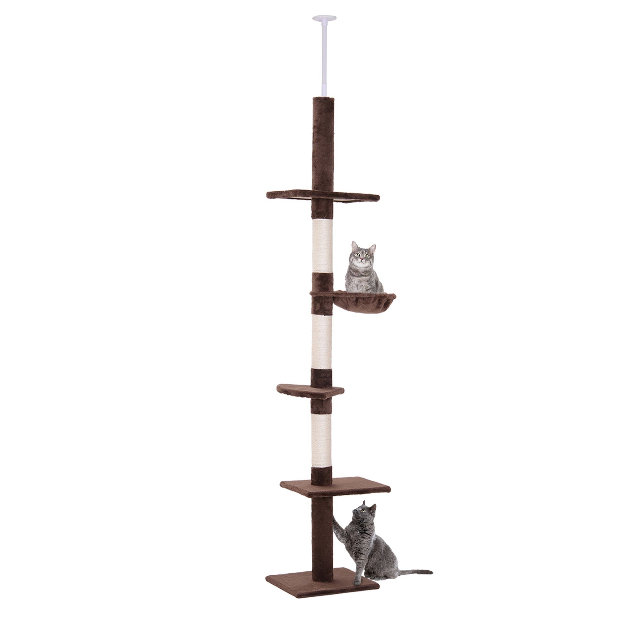 PawHut Kratzbaum Deckenhoch höhenverstellbar, Katzenbaum mit Sisalsäulen, für Garten, Balkon, Braun