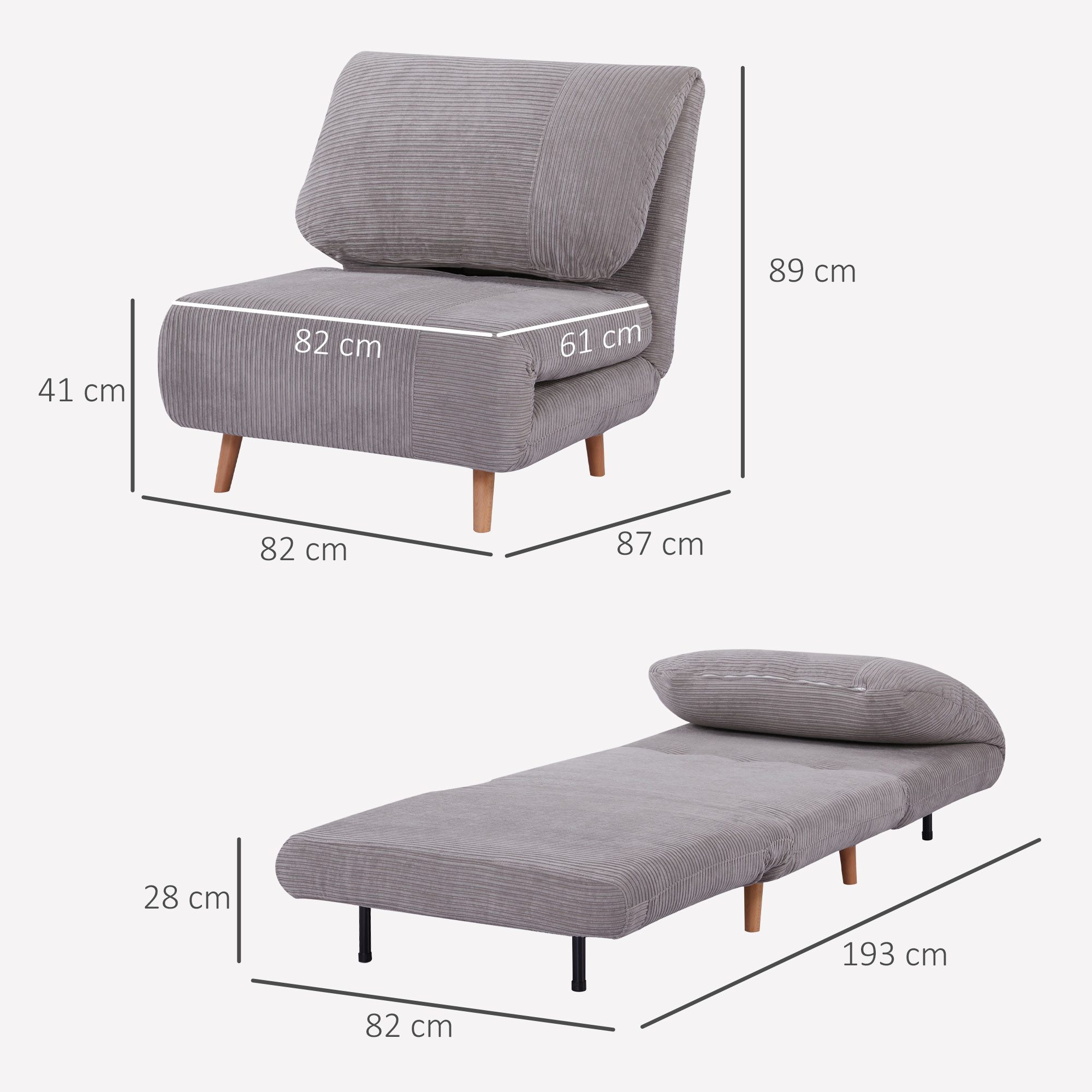 HOMCOM Sessel Verstellbar Klappmatratze Gästebett (Schlafsessel, 1-St., Schlafsofa), für Wohnzimmer, Schlafzimmer, Hellgrau