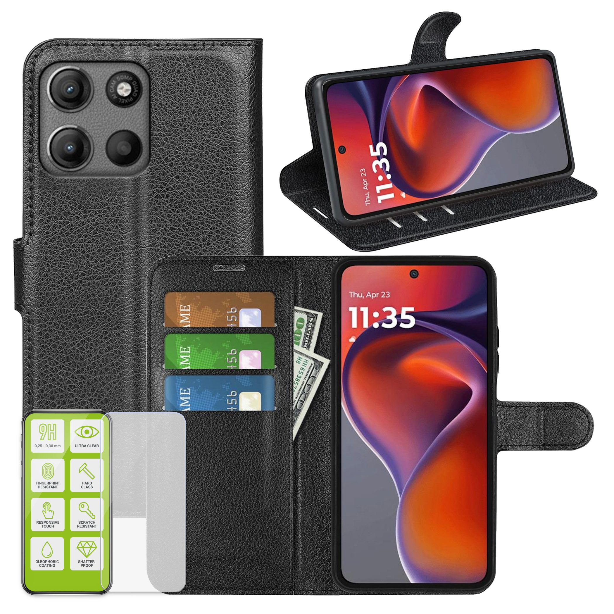 Wigento Handyhülle Klapphülle + Schutzglas für Motorola Moto G17 / G15 / Power Wallet 6,72 Zoll, Produktset Kunstleder Tasche + H9 Hart Glas