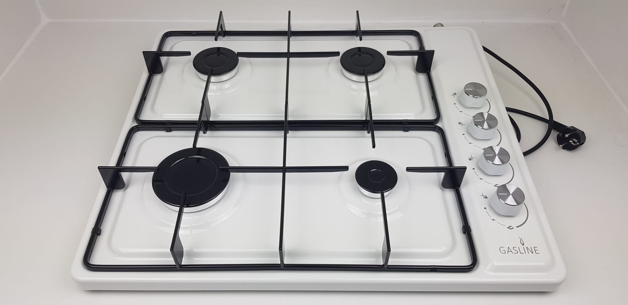 Gasline Gas-Kochfeld Tischkocher mit rutschfeste Gummifüße, elektrische Zündung und Zündsicherung, 60cm breit, 4 flammig, autark GAC60LPG, Propangas 50mbar