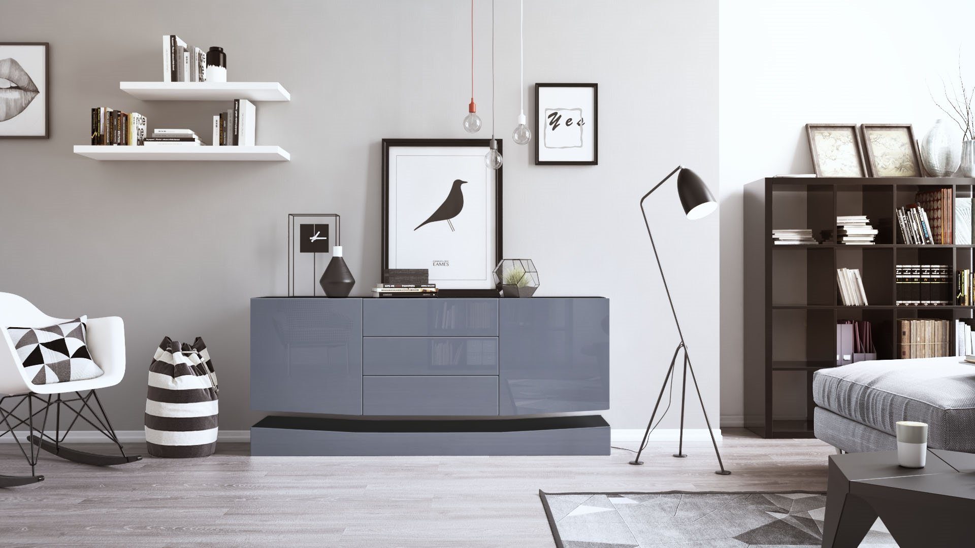 Vladon Sideboard City (Kommode, mit 2 Türen und 3 Schubladen), Schwarz matt/Grau Hochglanz (178 x 72 x 38 cm)
