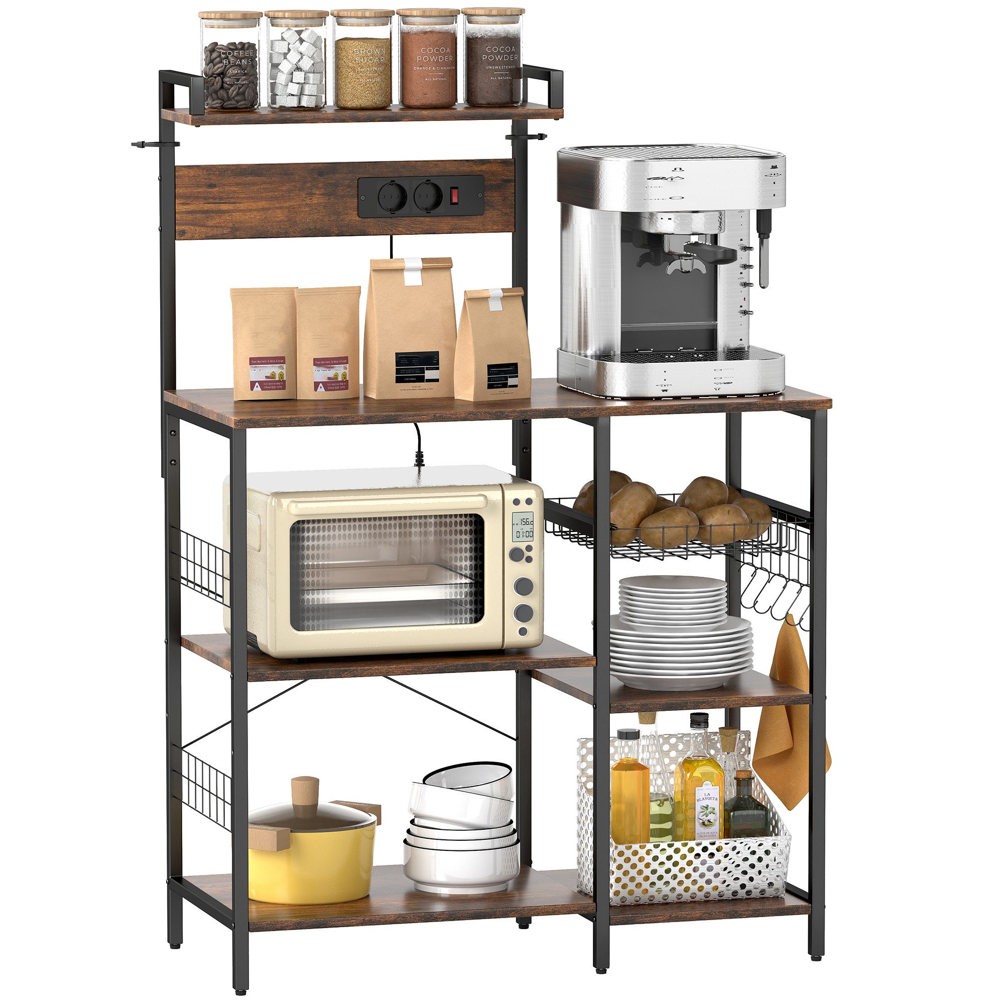 HOMCOM Küchenregal Bäckerregal mit Korb, Verstellbare Ebenen, Kaffeebar aus Stahl, Standregal 1-tlg., Mit Steckdosen und 5 Haken, Rustikal-Braun