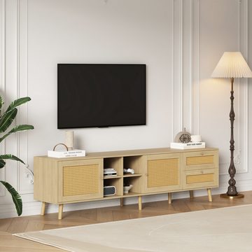 REDOM TV-Schrank Lowboard Fernsehtisch Landhaus (2 Rattan-Türen, 2 Rattan-Schubladen) aus Holz und Rattan, 180*40*55 cm, passend für 80 Zoll TV-Gerät