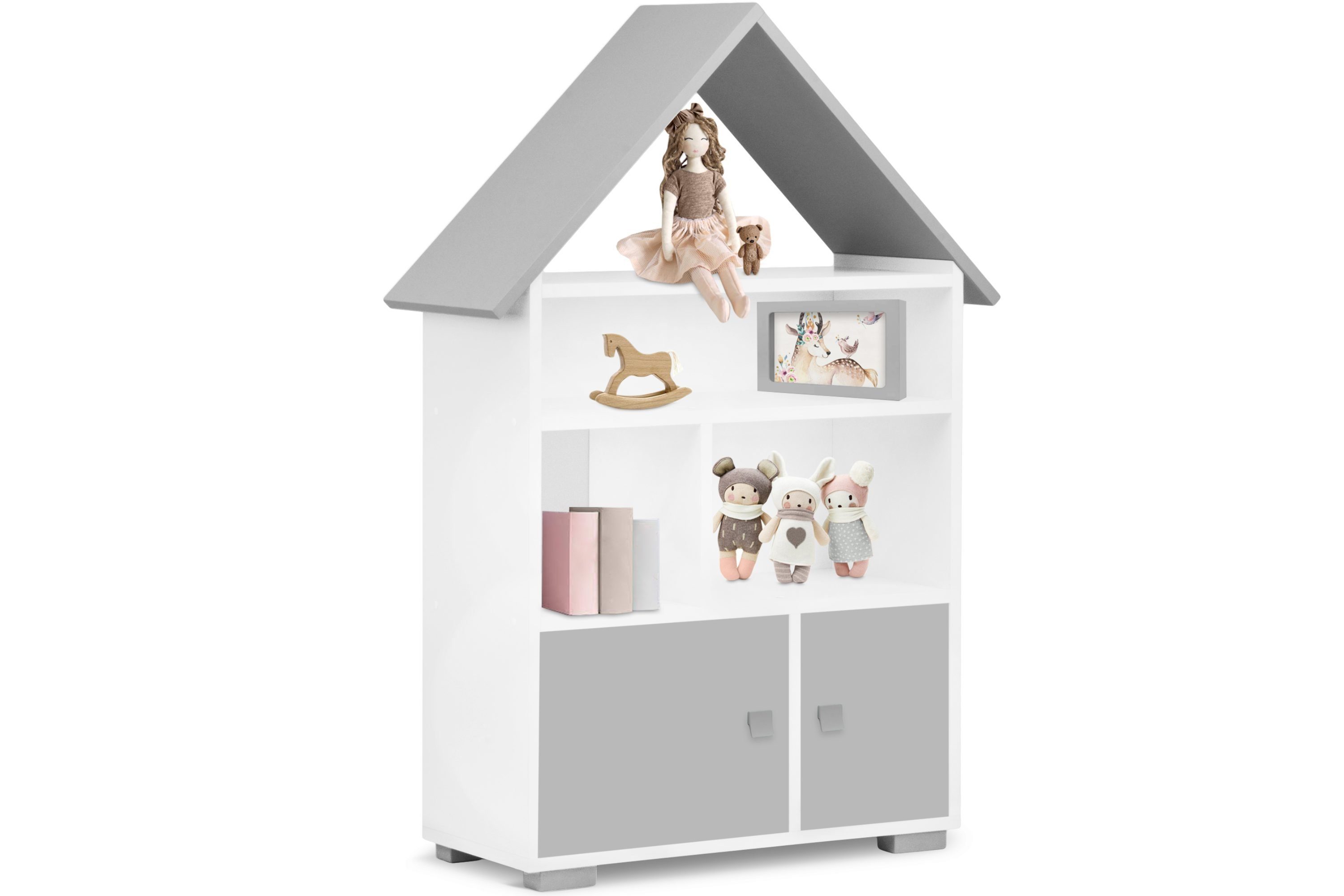 PABIS, in weiß/grau Türen Pastellfarben Bücherregal Kinderregal Hausform, Konsimo Bücherregal mit Tür, mit
