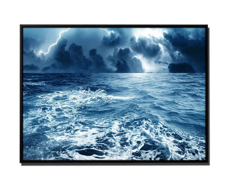 Sinus Art Leinwandbild 105x75cm Wandbild PETROL BLAU – Meer Gewitter Sturm