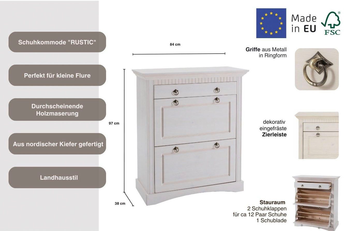 Home affaire Schuhkommode Rustic, aus massiver Kiefer, Breite 71 cm, Kassettenoptik