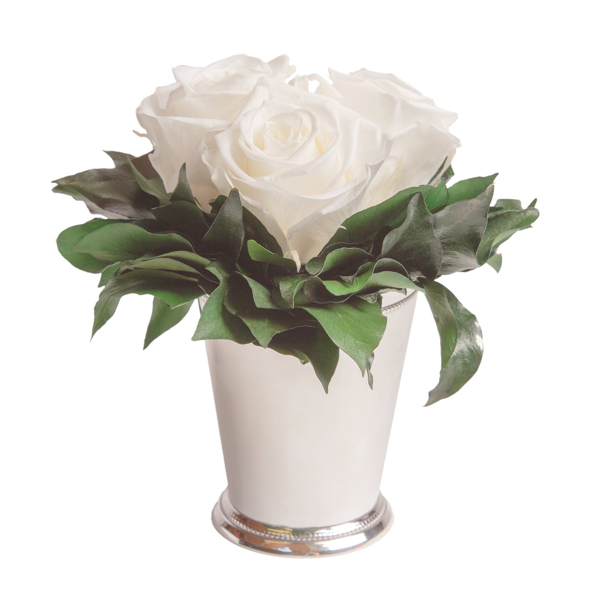 Kunstorchidee 3 Infinity Rosen silberfarbene Vase Wohnzimmer Deko Blumenstrauß Rose, ROSEMARIE SCHULZ Heidelberg, Höhe 15 cm, Rose haltbar bis zu 3 Jahre Weiß