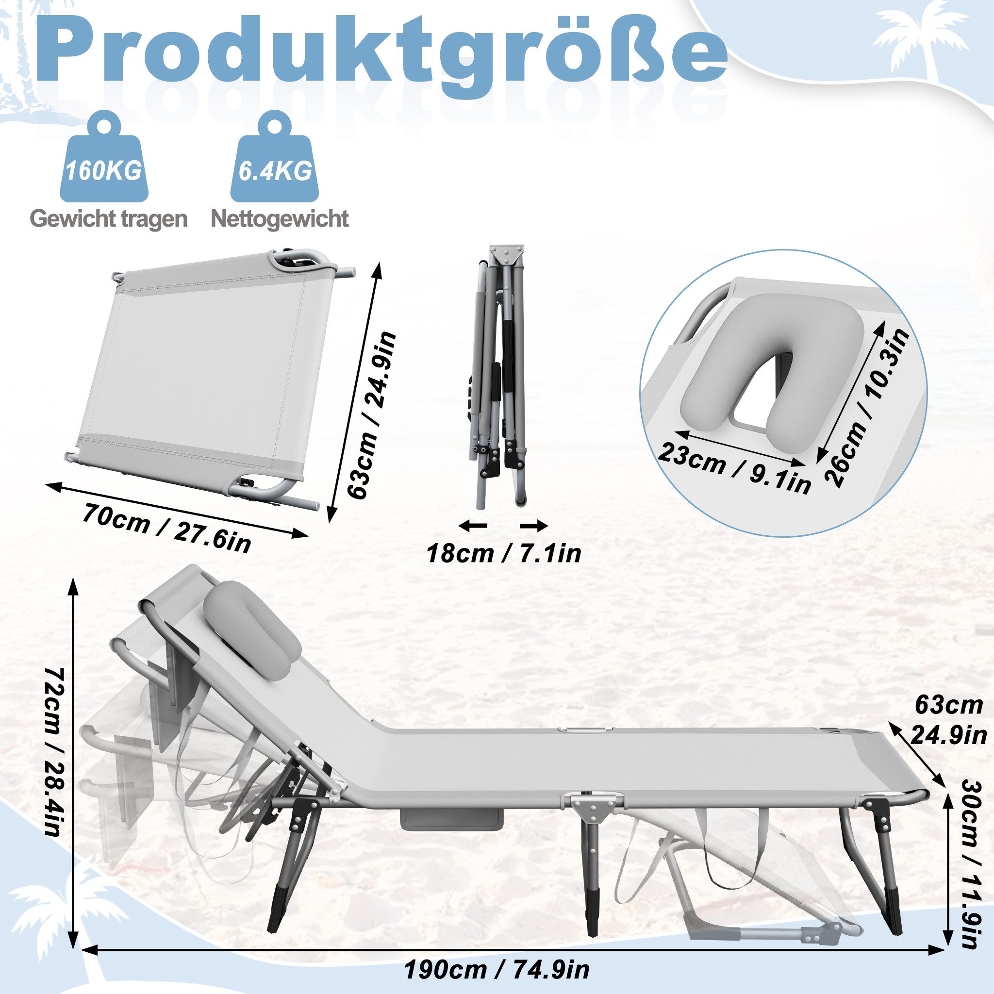 FIVMEN Gartenliege Faltbare Sonnenliege mit Gesichtsausschnitt 4 fach verstellbar 160kg, Garten Strandliege mit Kopfkissen Seitentasche Tragegriffe, 190x63cm – Bild 2 von 5
