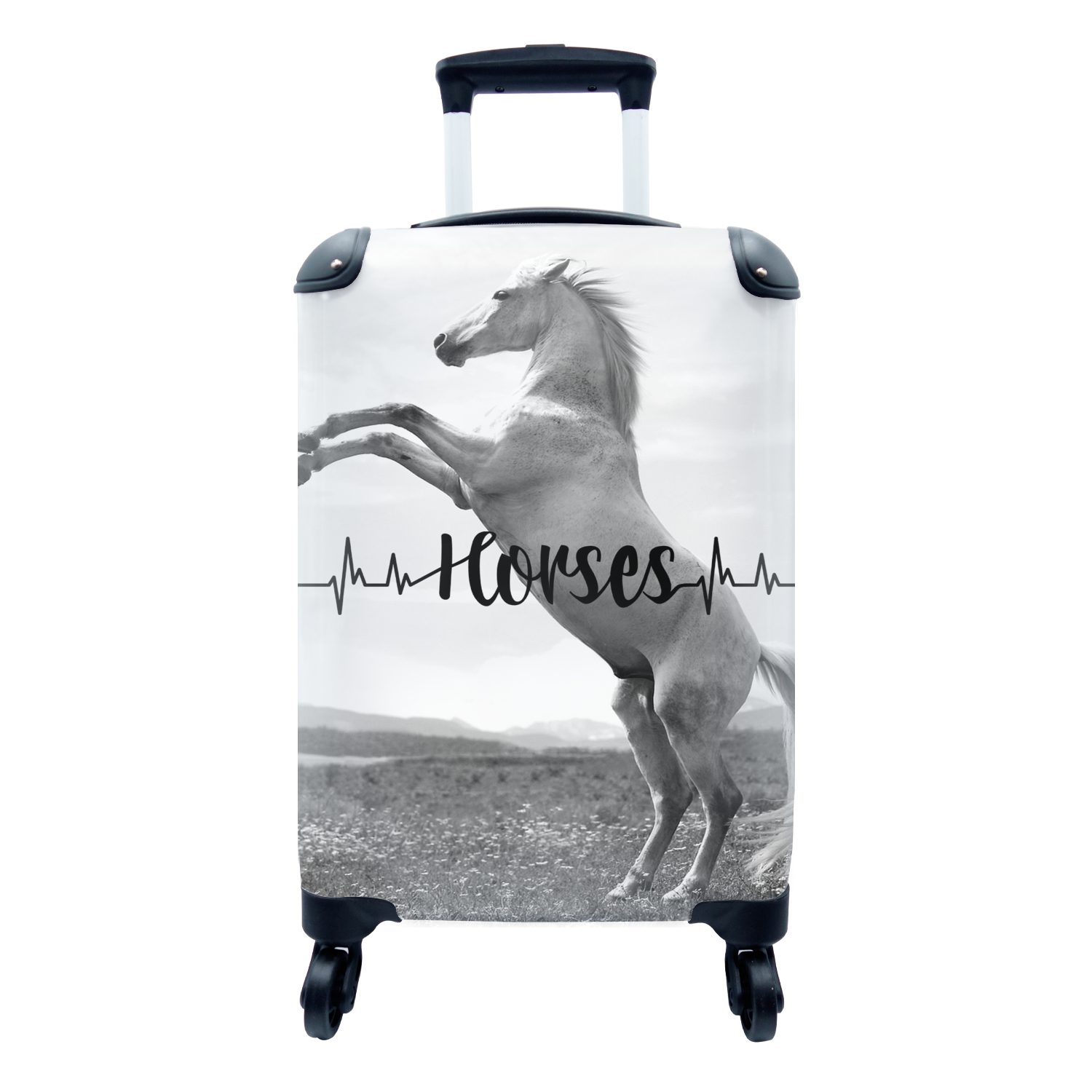 MuchoWow Handgepäckkoffer Zitat "Pferde" und ein sich aufbäumendes weißes Pferd - schwarz und, 4 Rollen, Reisetasche mit rollen, Handgepäck für Ferien, Trolley, Reisekoffer