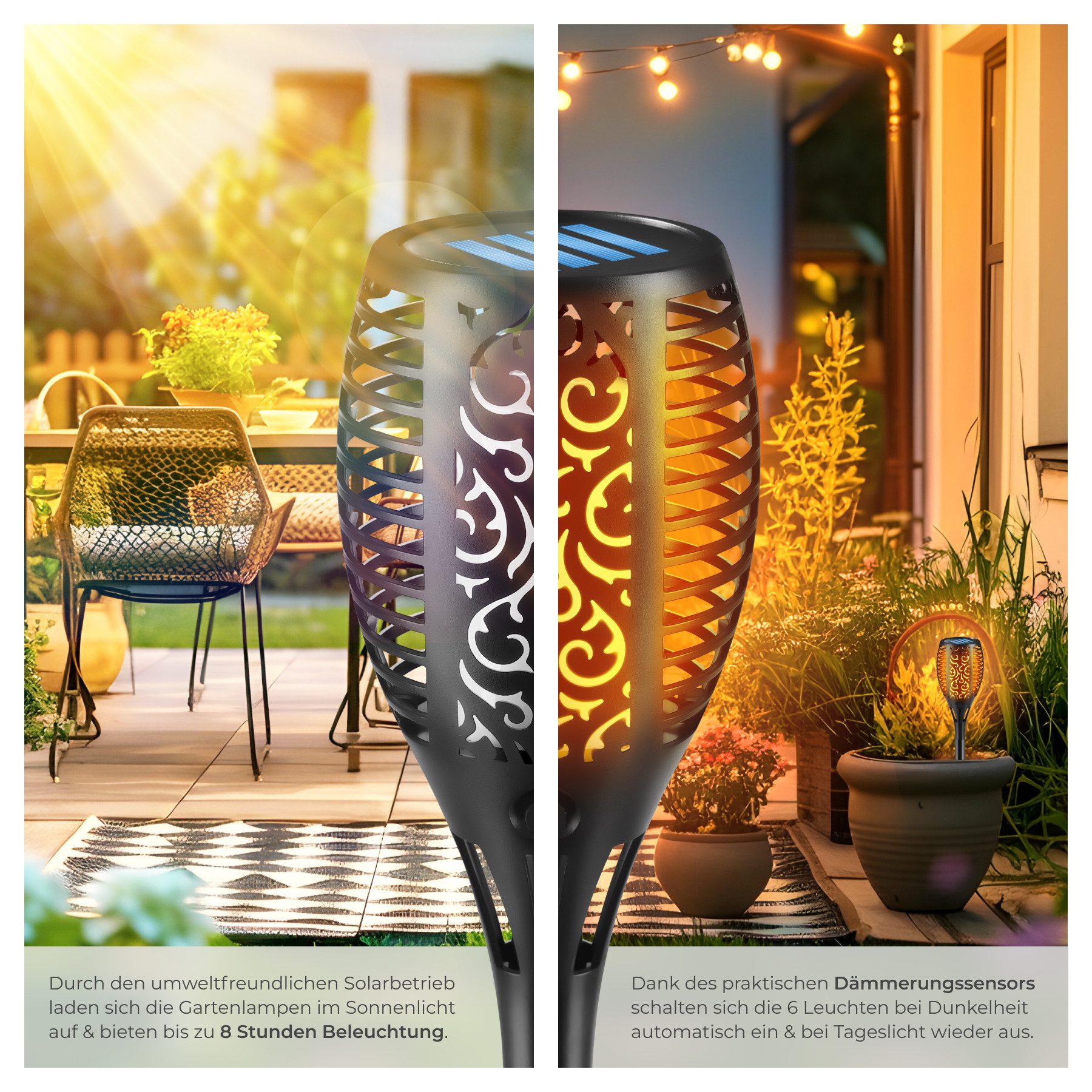 tectake LED Gartenstrahler 6er Set Solarleuchten, Einschaltautomatik bei Dämmerung, LED, 1600-1800 K, Stilvolles 6er Set Solarlampen mit gemütlichem Flammen-Design