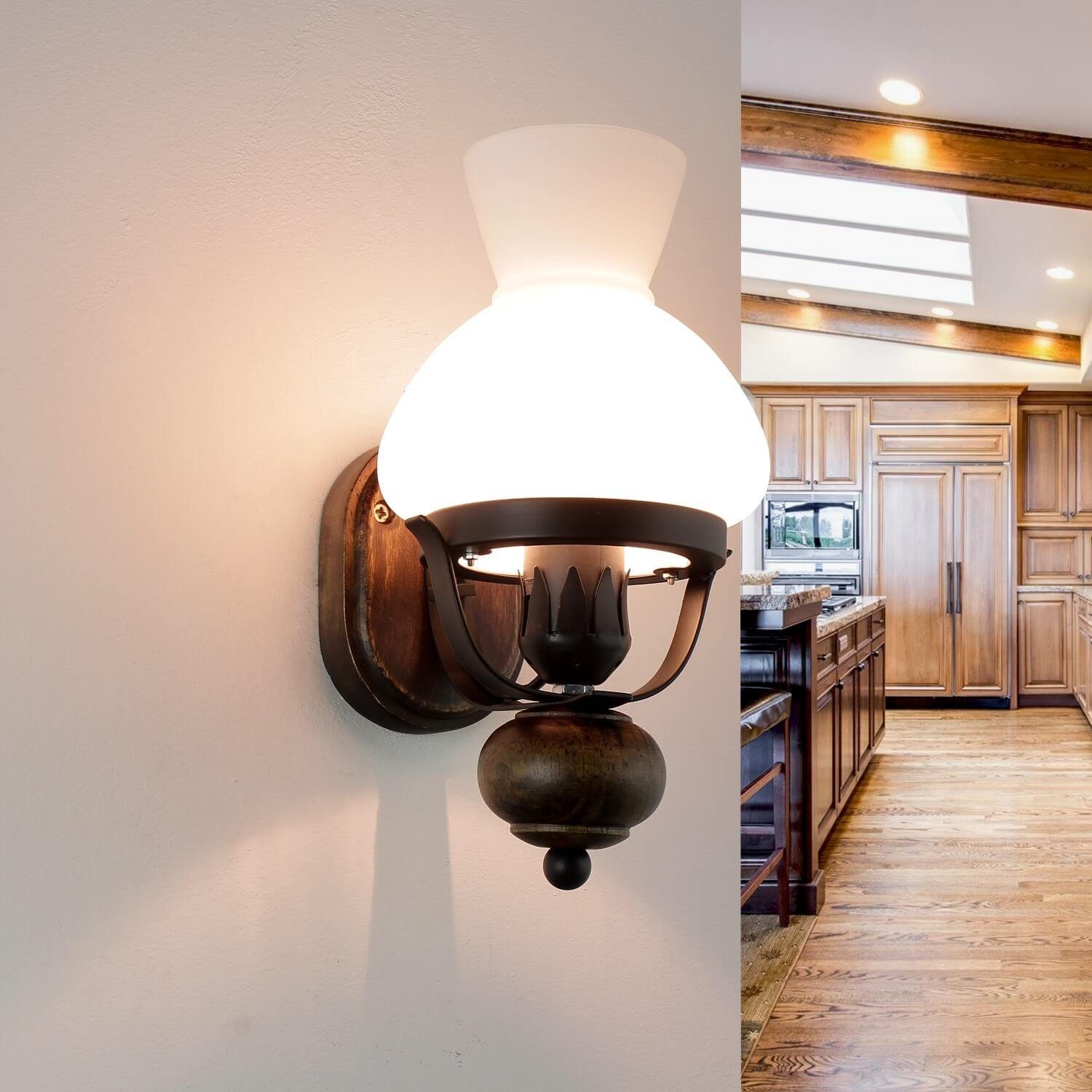 Licht-Erlebnisse Wandleuchte PETRONEL, ohne Leuchtmittel, Wandlampe Landhaus Holz Glas Öllampen Design Rustikal – Bild 2 von 5