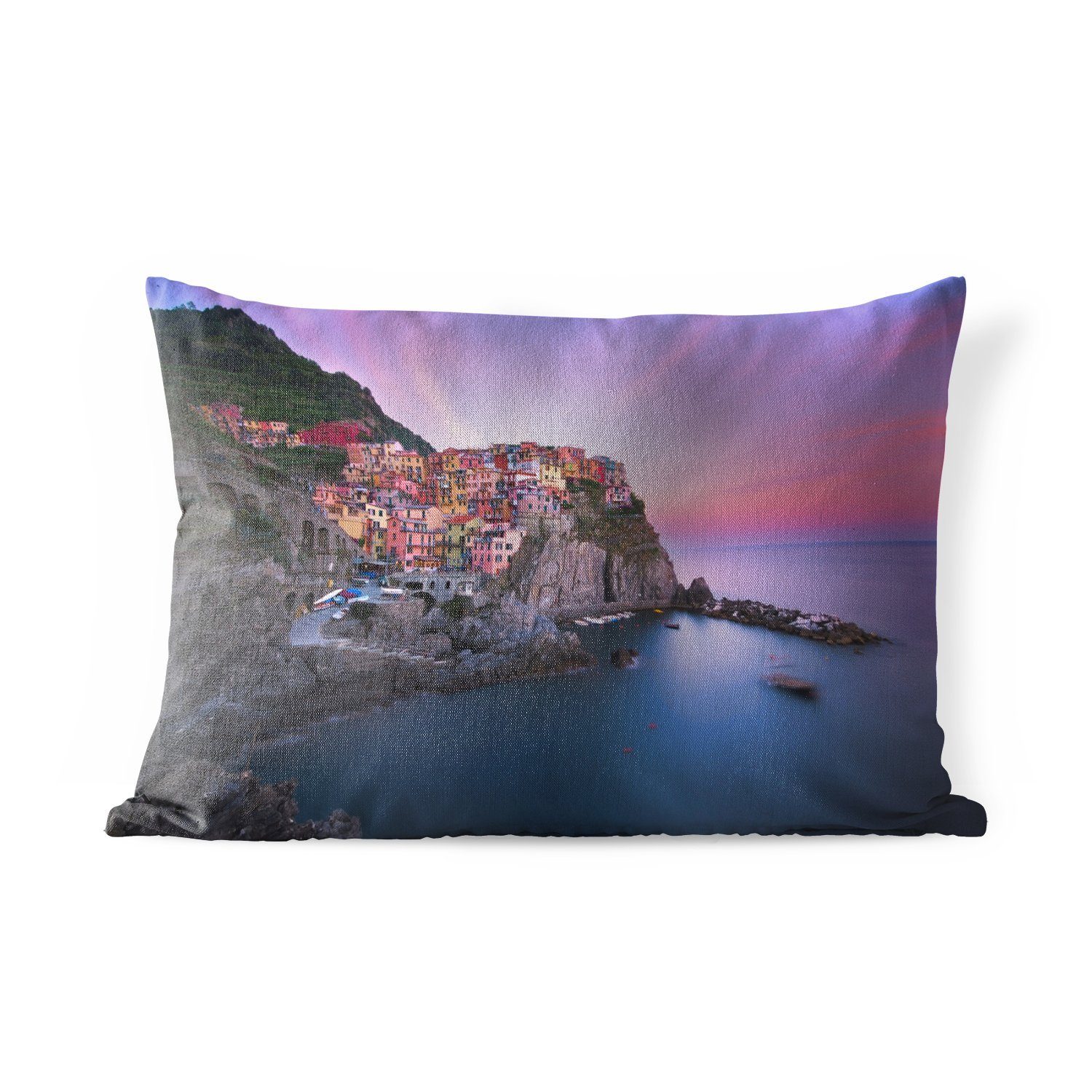 MuchoWow Dekokissen Lila Himmel über Cinque Terre in Italien, Outdoor-Dekorationskissen, Polyester, Dekokissenbezug, Kissenhülle