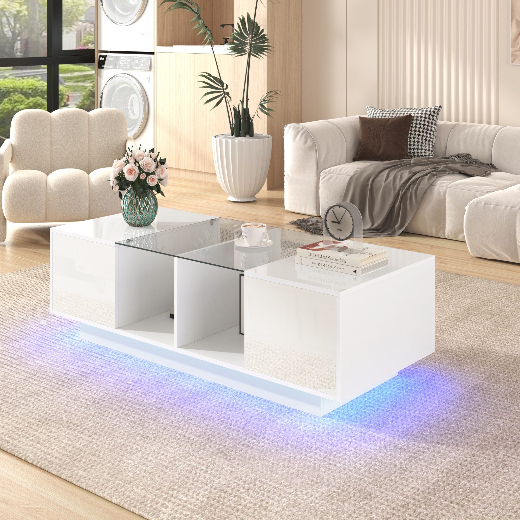 STILVORA Couchtisch weiß,120x50cm Wohnzimmertisch mit LED-Beleuchtung,Hochg günstig online kaufen