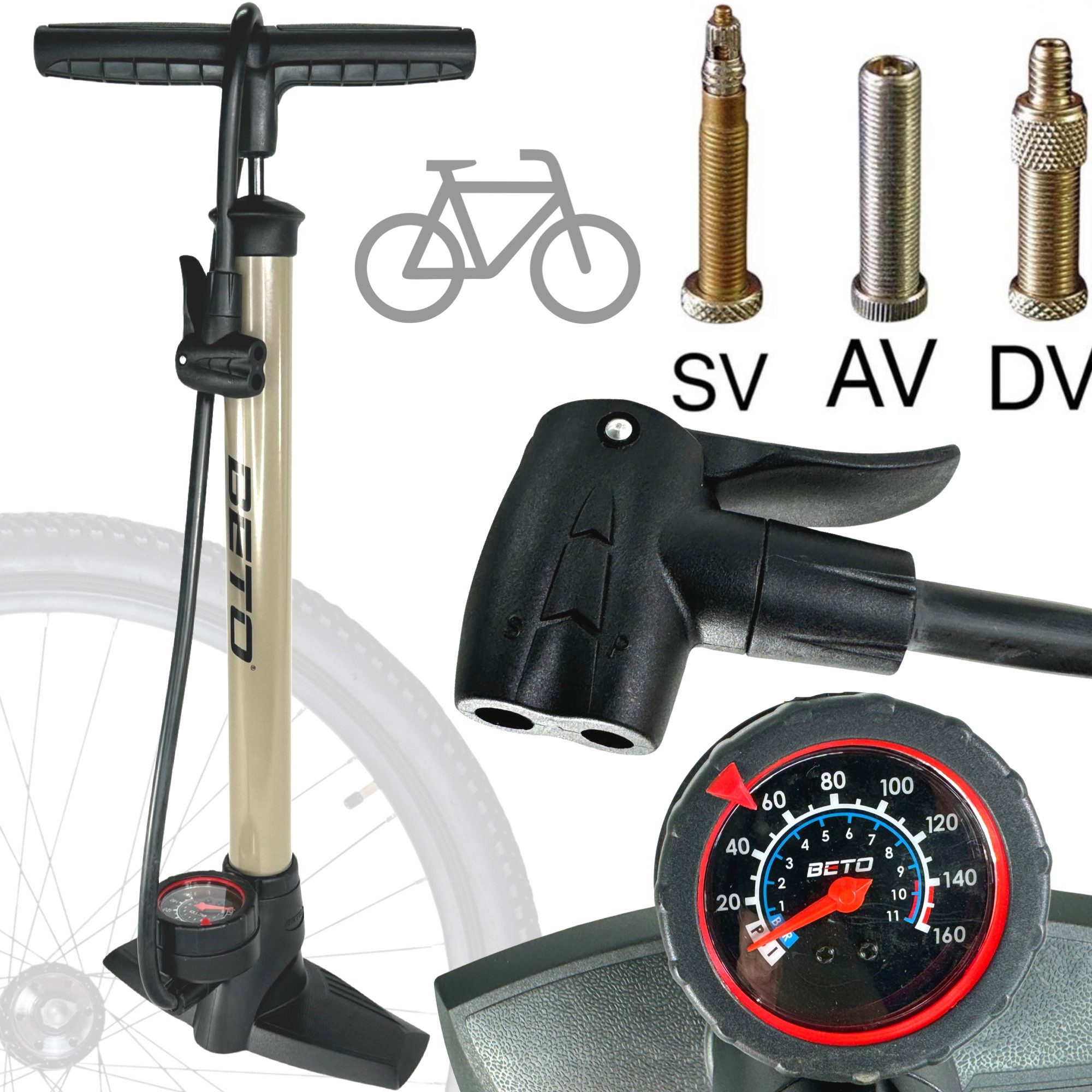 F26 Fahrradpumpe Beto Fahrrad Standpumpe Dualkopf Manometer Auto Presta & Dunlop Ventil