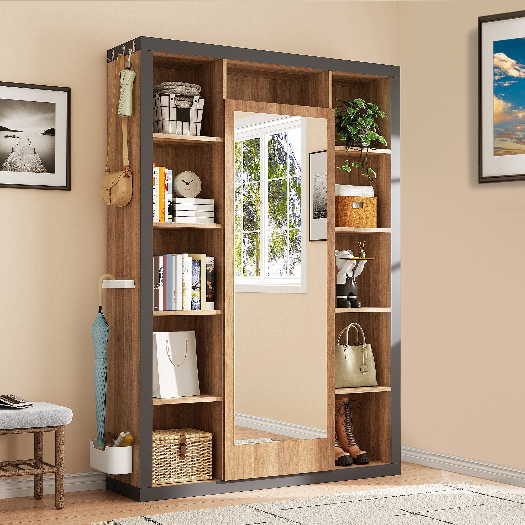 Merax Garderobenschrank mit Spiegel und Bücherregal günstig online kaufen