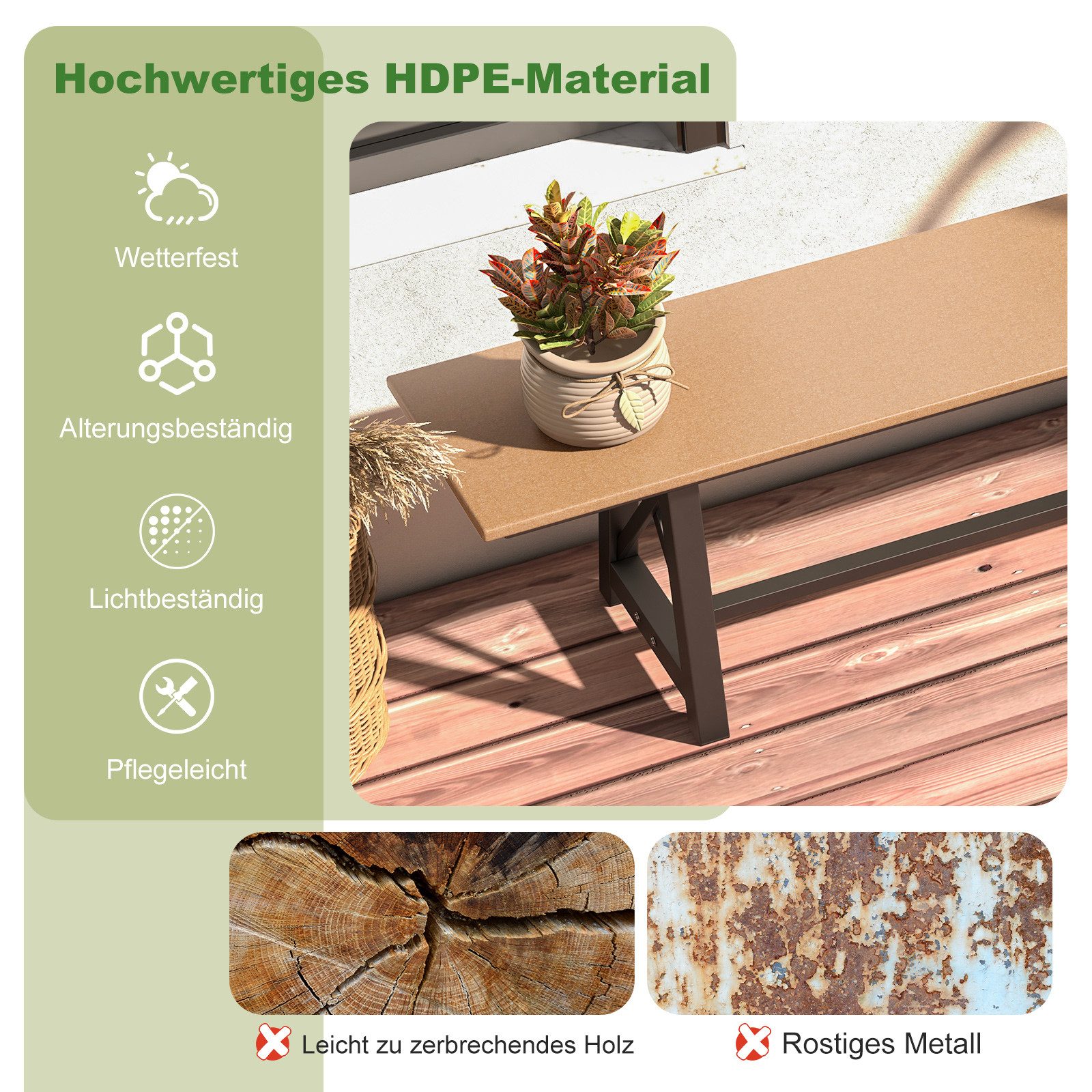 COSTWAY Gartenbank, 3-Sitzer Sitzbank, wetterfest bis 500kg belastbar