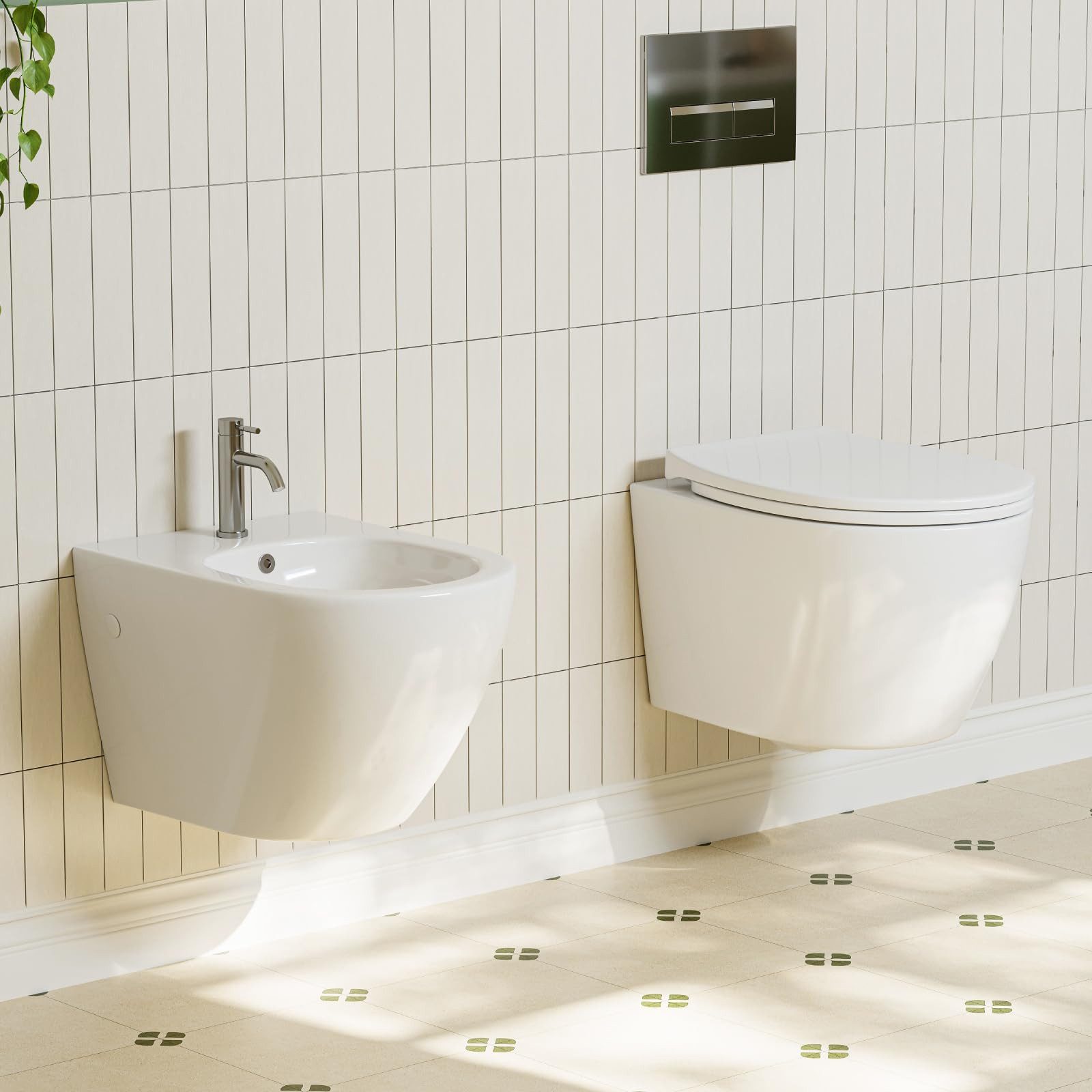 Tiefspül-WC Bidet Komplet Set aus Keramik Wand WC ohne Spülrand und Bidet