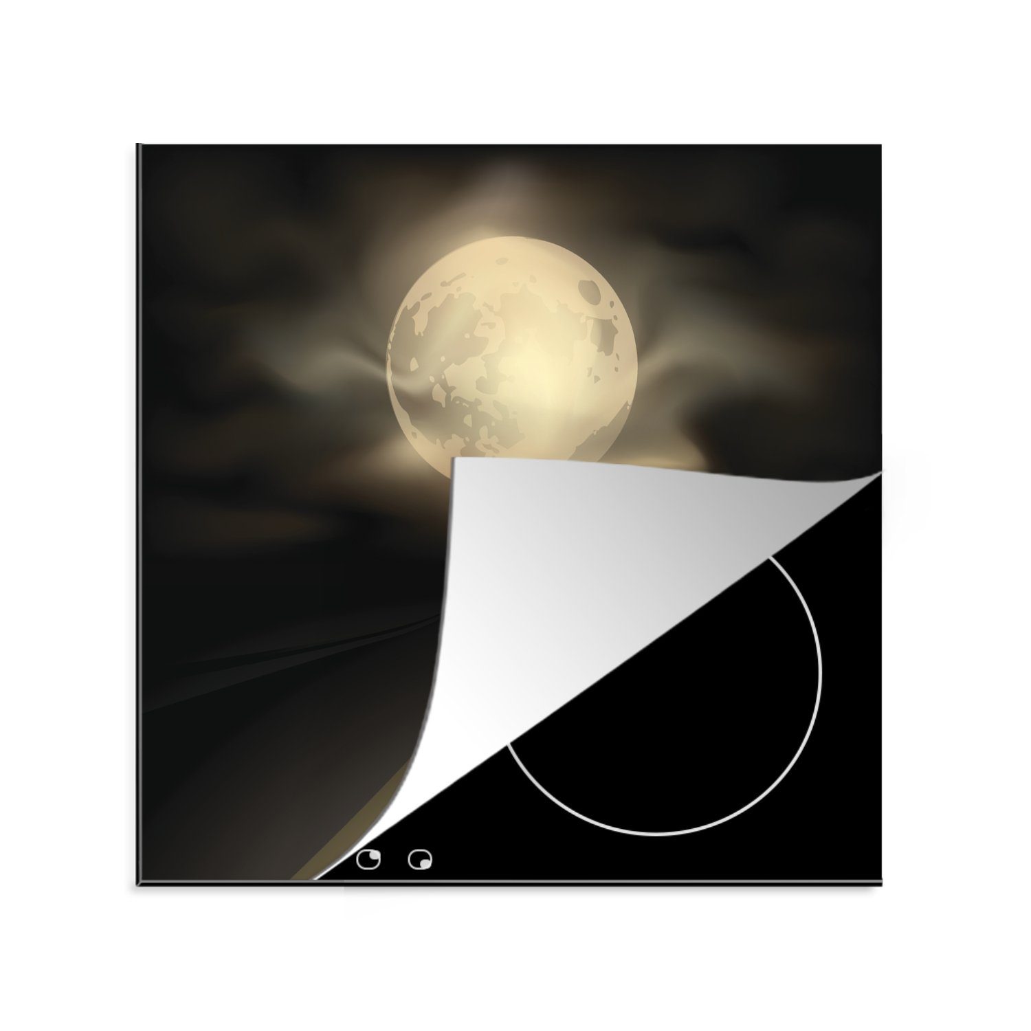MuchoWow Herdblende-/Abdeckplatte Eine Illustration einer nächtlichen Autobahn unter dem Mond, Vinyl, (1 tlg), 78x78 cm, Ceranfeldabdeckung, Arbeitsplatte für küche