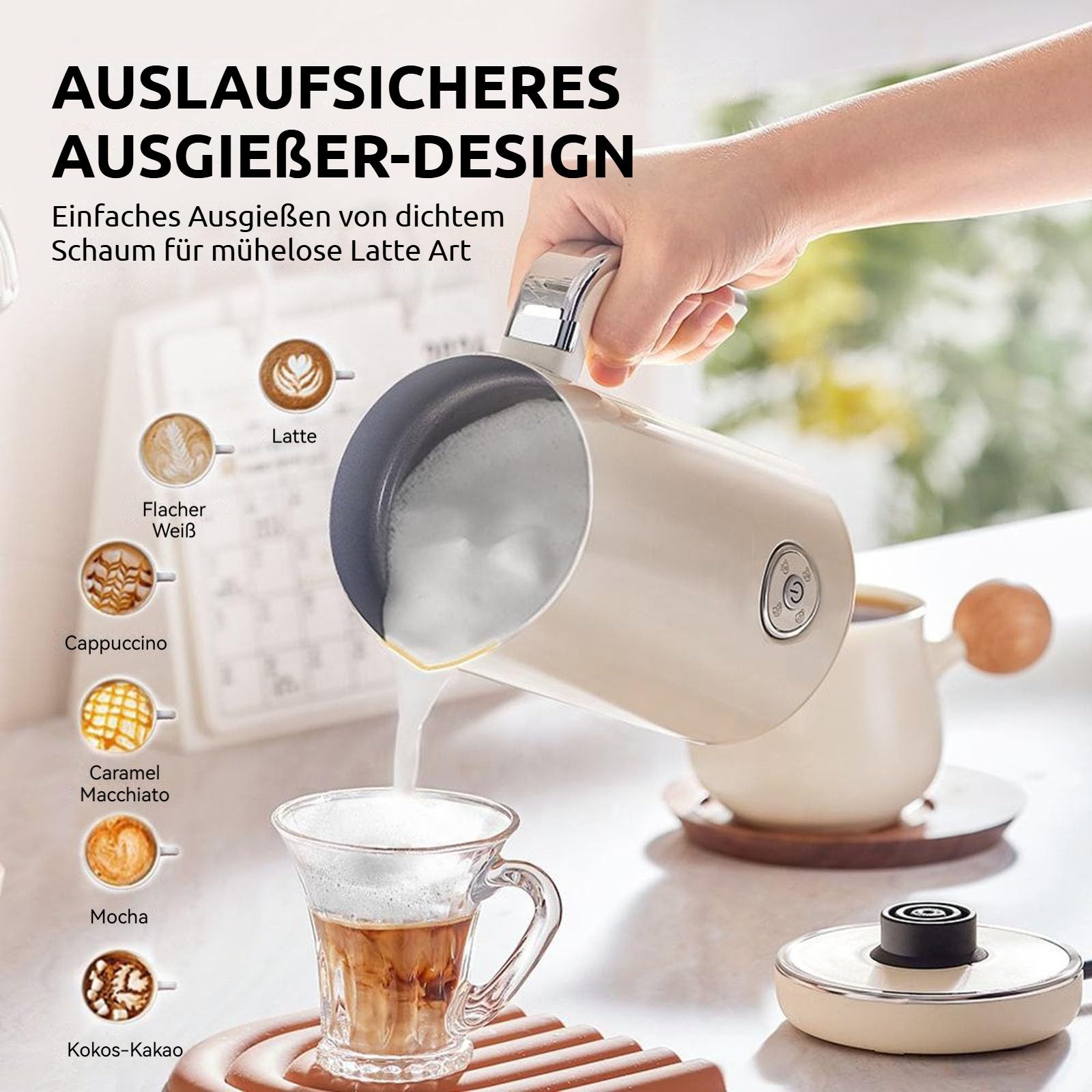 Tekoo Milchaufschäumer Elektrischer Milchaufschäumer 4-in-1, 500W, Edelstahl, 240ml Erhitzer, 500 W, Abschaltautomatik, BPA-frei, Antihaft, Latte Art Design