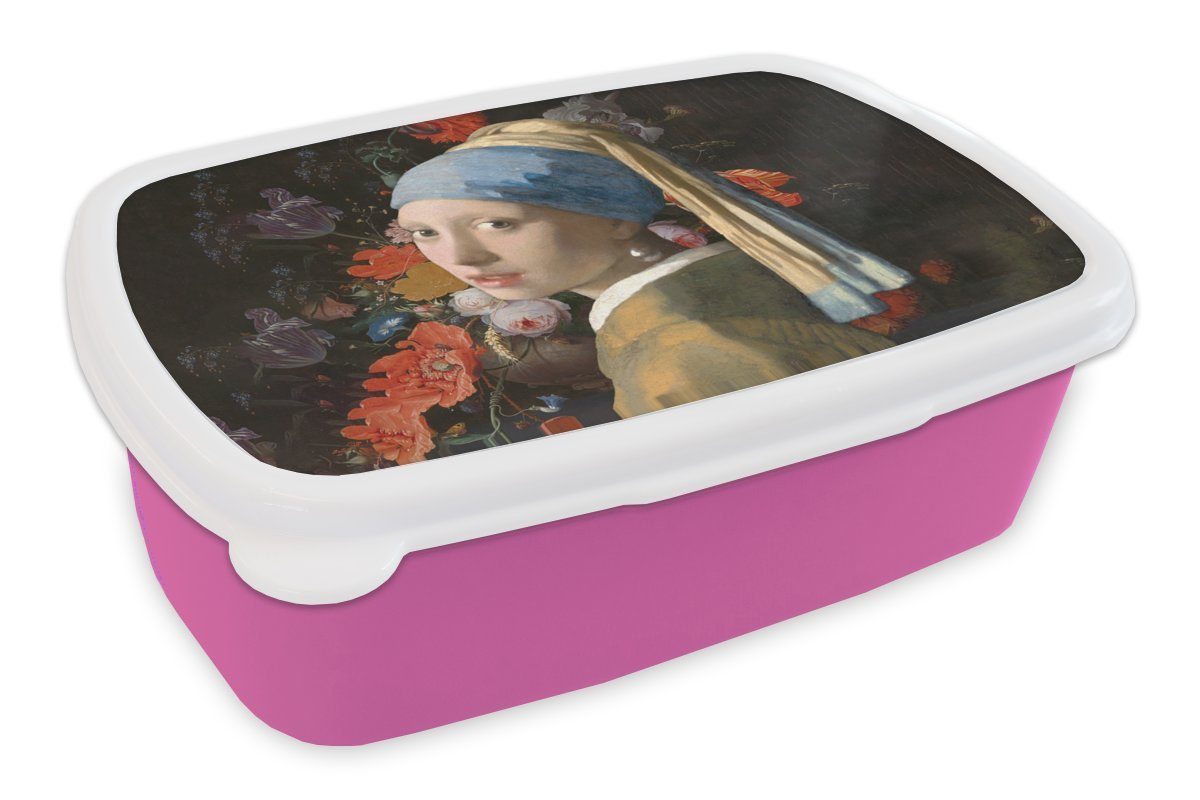 MuchoWow Lunchbox Das Mädchen mit dem Perlenohrring - Vermeer - Blumen, Kunststoff, (2-tlg), Brotbox für Erwachsene, Brotdose Kinder, Snackbox, Mädchen, Kunststoff rosa