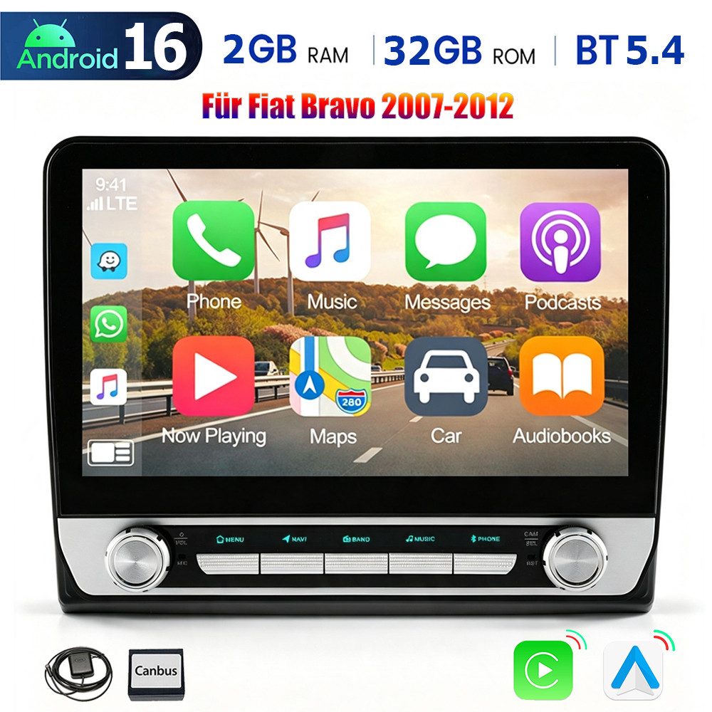 ESSGOO DAB+ Android16 Carplay Autoradio GPS NAVI SWC Für Fiat Bravo 2007-2012 Autoradio (RDS, BT 5.4, 4+64GB(optional), Digitalradio (DAB), FM, SWC)