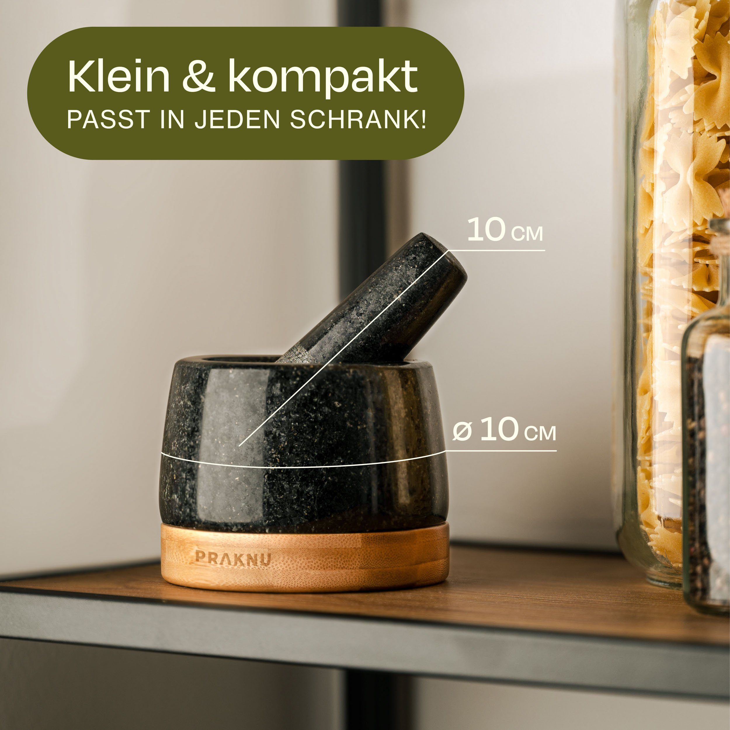 Praknu Mörser Granit Mörser mit Stößel klein - Für ein besonders feines Mahlergebnis, Für ein feines Mahlergebnis - Untersetzer aus nachhaltigem FSC Holz – Bild 4 von 5