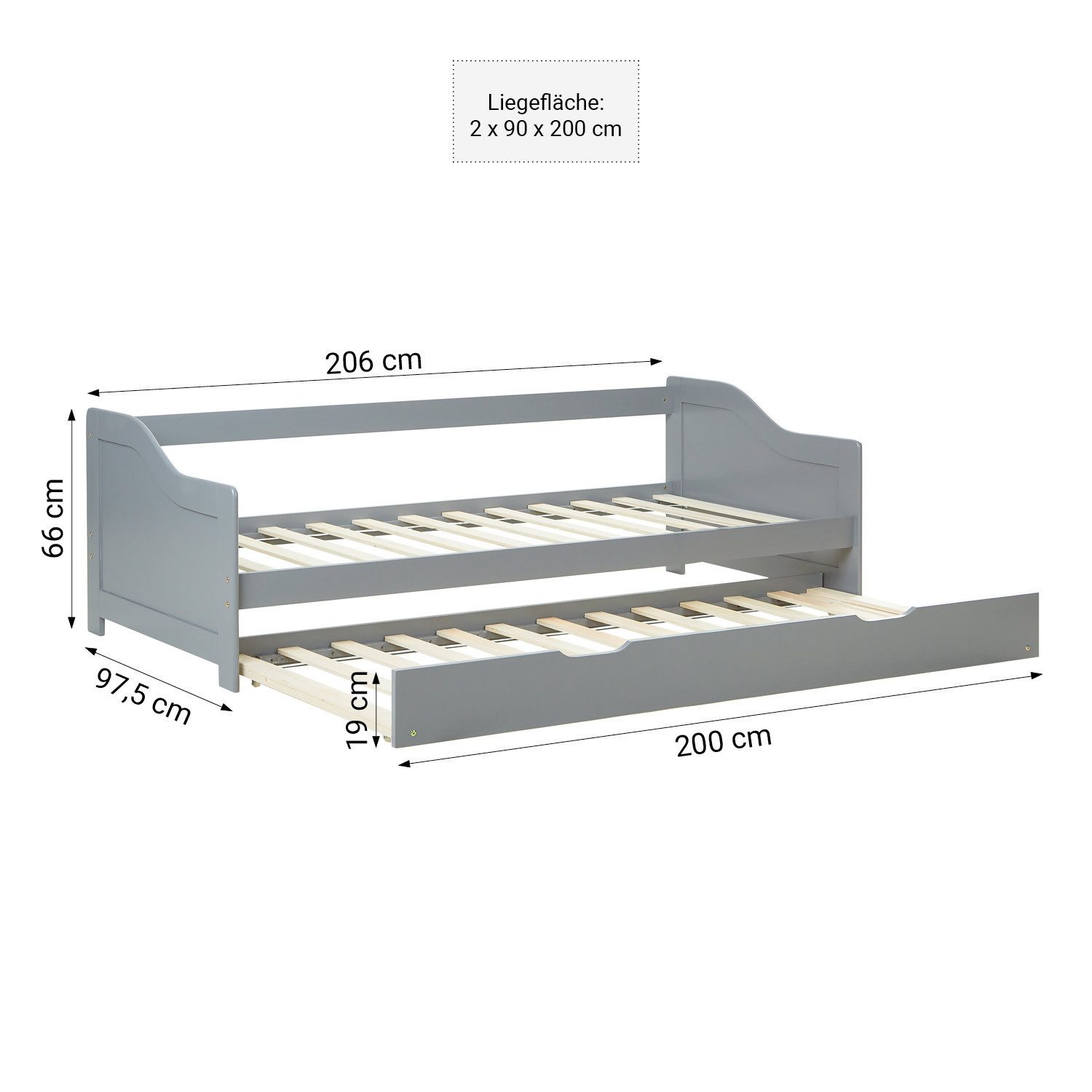 Homestyle4u Ausziehbett 90x200 Holz Gästebett mit Ausziehfunktion 2 Liegeflächen Doppelbett (Komplett-Set mit 2x Lattenrost), 2x 90x200, 2 Personen/Kinder, Stauraumbett, ausziehbar